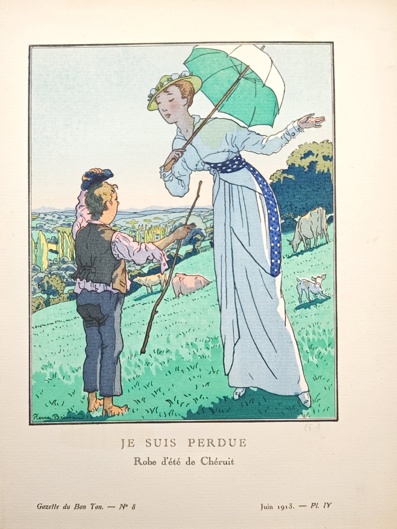 Pierre Brissaud – Summer Dress by Chéruit – Pochoir (1913): "I Am Lost" depicts an elegant woman holding a parasol while conversing with a young country boy across a picturesque pastoral hillside with grazing livestock. Published in June 1913 for Gazette du Bo