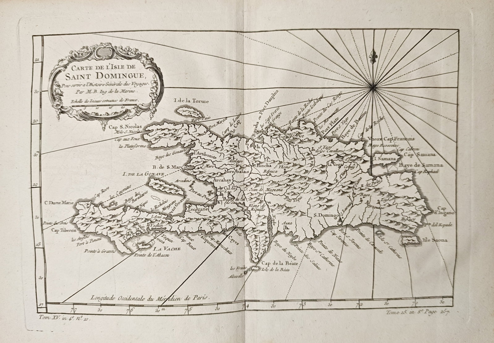 Jacques-Nicolas Bellin – Map of the Island of Saint-Domingue – Caribbean – Engraving: "Map of the Island of Saint-Domingue" delineates the coastline, surrounding archipelagos, topography, and settlements across the Caribbean island comprising modern Haiti and the Dominican Republic. Cr