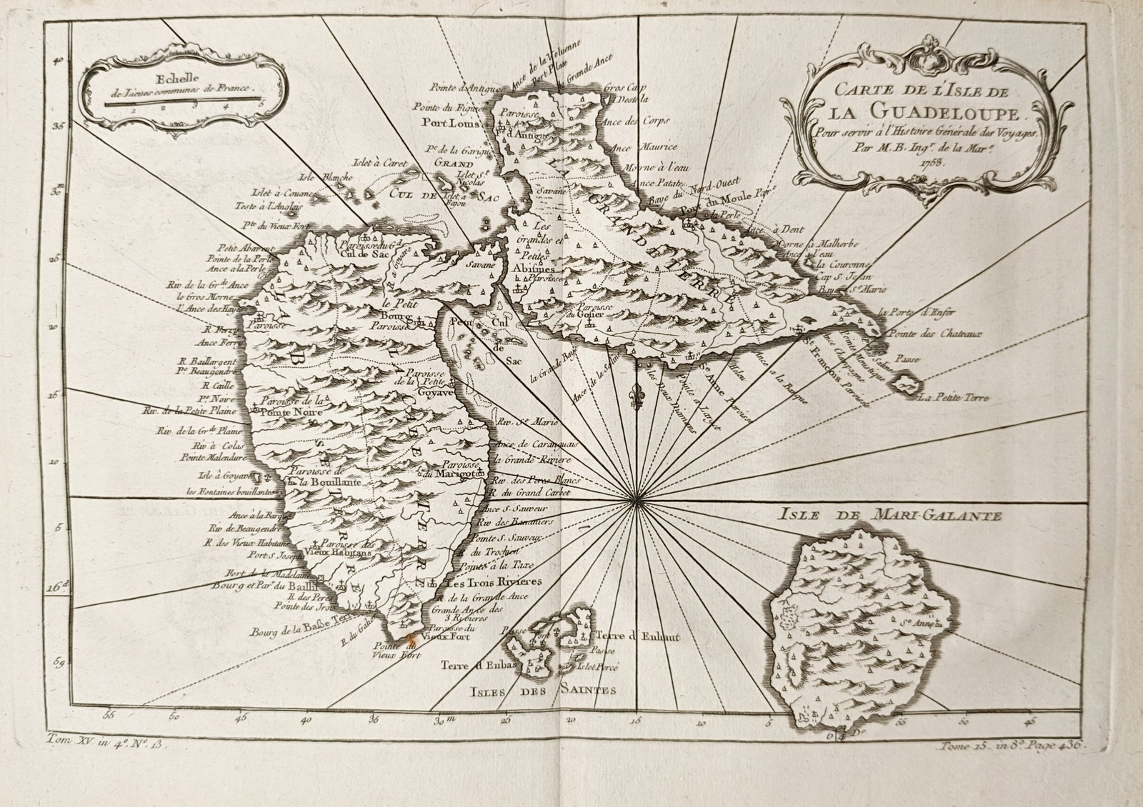 Jacques-Nicolas Bellin – Map of the Island of Guadeloupe – Caribbean – Engraving (1758): "Map of the Island of Guadeloupe" delineates the coastal contours, mountainous topography, parishes, and surrounding dependencies including Marie-Galante and the Saintes in the Lesser Antilles. Publis