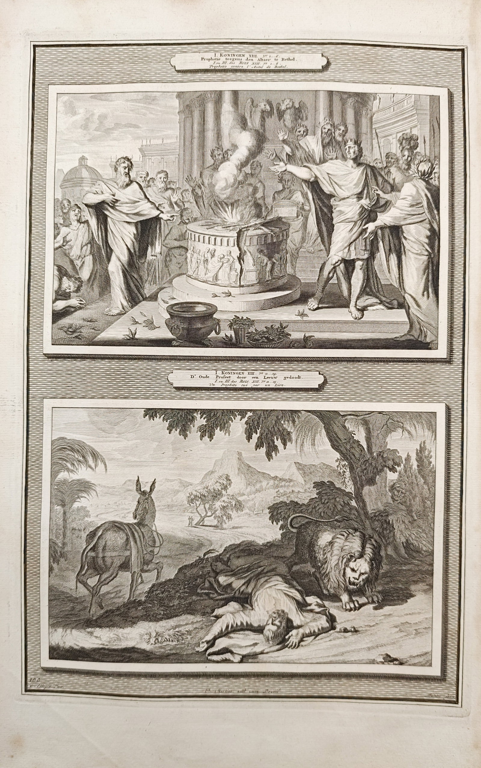 Pieter Mortier – Jeroboam at the Altar and the Disobedient Prophet Slain by a Lion – Engraving: "Jeroboam at the Altar and the Disobedient Prophet Slain by a Lion" illustrates two Old Testament narratives depicting the confrontation at the altar of Bethel alongside the fallen prophet watched ove