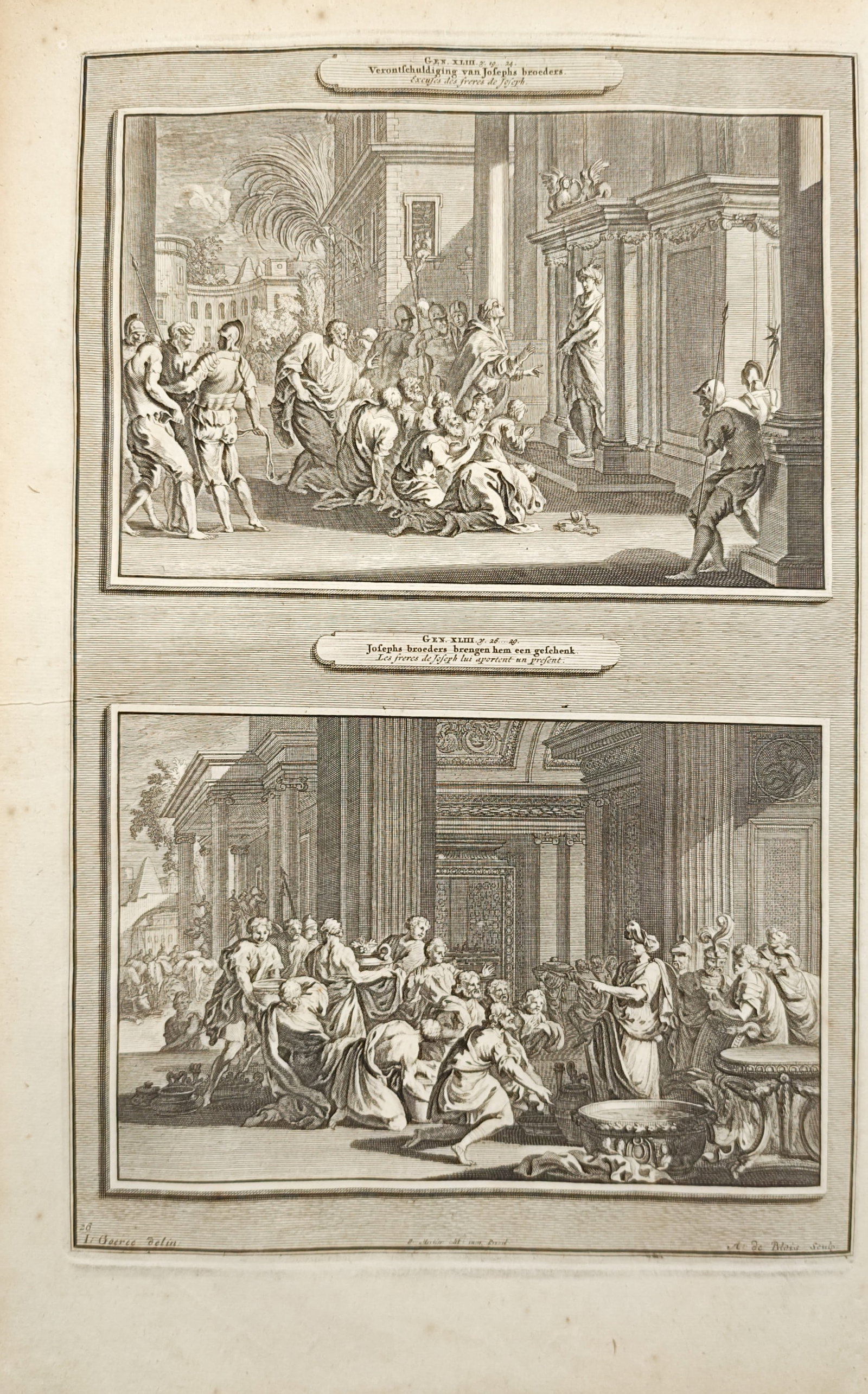 Pieter Mortier – Joseph's Brothers Bowing Before Him and Presenting Gifts – Engraving: "The Obeisance of Joseph's Brothers and the Presentation of Gifts" illustrates two Old Testament narratives depicting the sons of Jacob bowing in humility before Joseph in Egypt and presenting him wit
