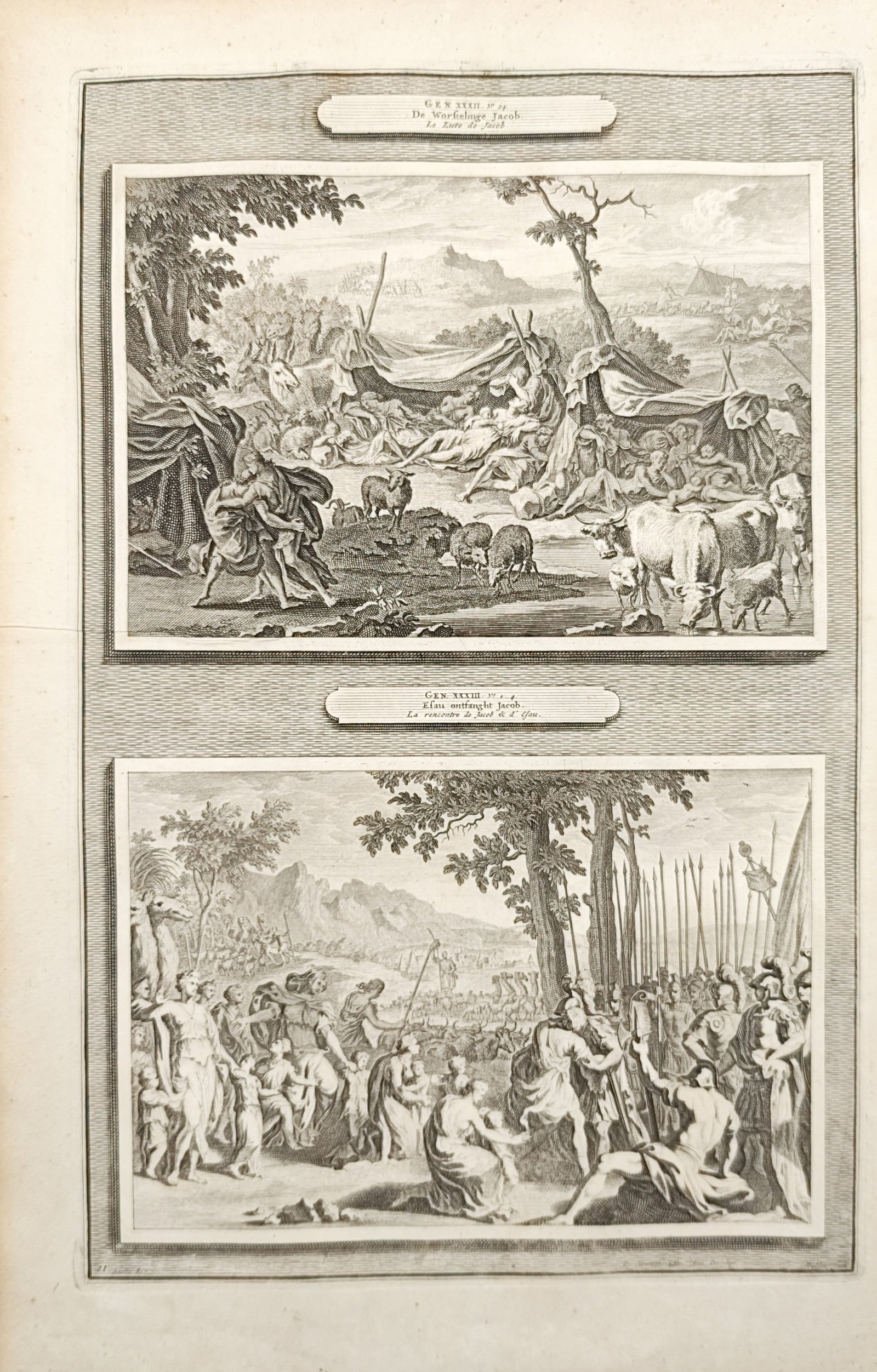 Pieter Mortier – Jacob Wrestling the Angel and the Reconciliation of Jacob and Esau – Engraving (1 of 2)