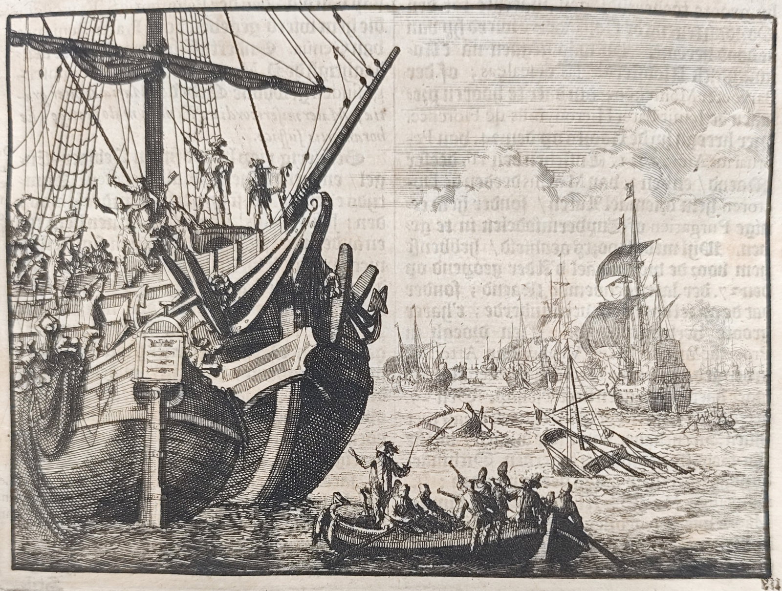 Johann Ludwig Gottfried – Dutch Merchant Galleon and Longboat at Sea – Engraving (17th Century) (1 of 3)