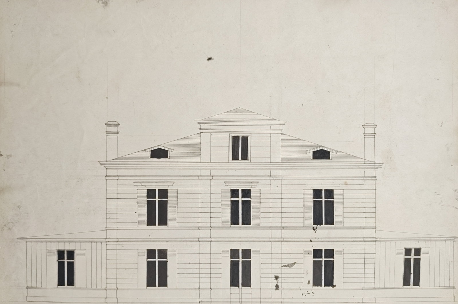 Victor Petit – Architectural Elevation of a Country House – Lithograph (19th Century): "Architectural Elevation of a Country House" presents a detailed front elevation illustrating the symmetrical facade, central pedimented bay, hipped roofline, and flanking single-story wings of a clas