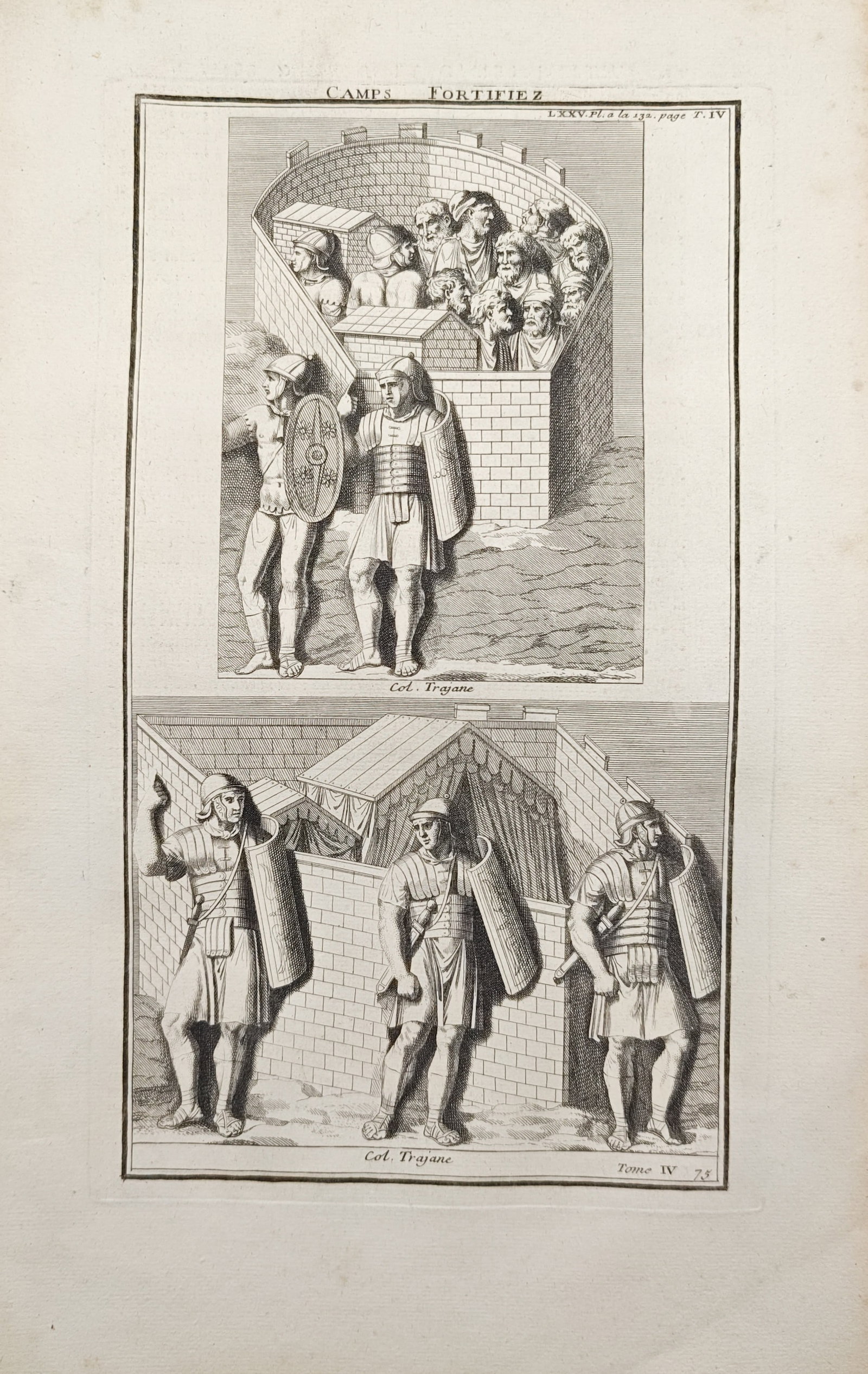 Bernard de Montfaucon – Fortified Camps from Trajan's Column – Engraving (18th Century): "Fortified Camps" presents an antiquarian study reproducing relief carvings from Trajan's Column illustrating Roman military encampments, stone battlements, and legionaries equipped with armor and shi