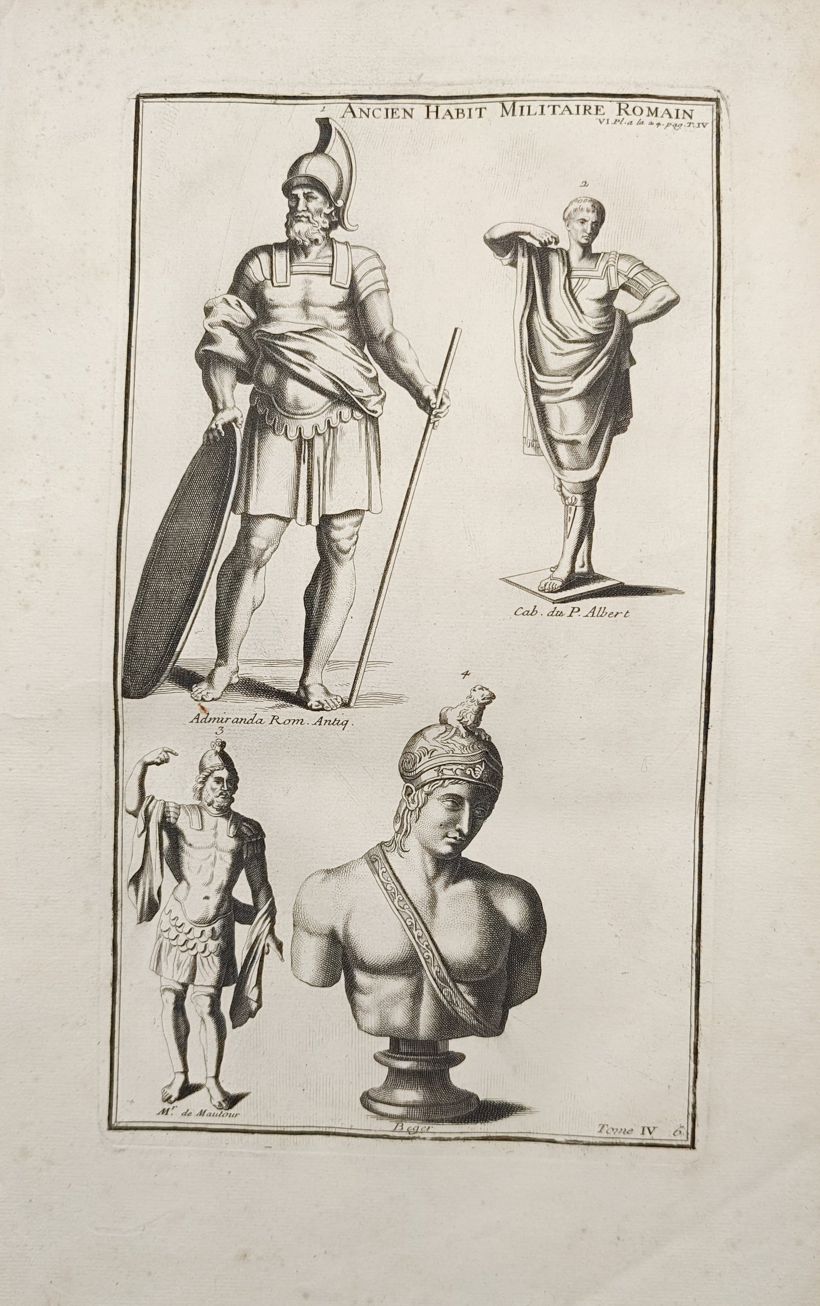 Bernard de Montfaucon – Ancient Roman Military Dress and Statuary – Engraving (18th Century): "Ancient Roman Military Dress" presents an antiquarian study reproducing classical statuary and sculpture depicting armed legionaries, robed officers, and an ornamental helmeted bust. Dating to the ei