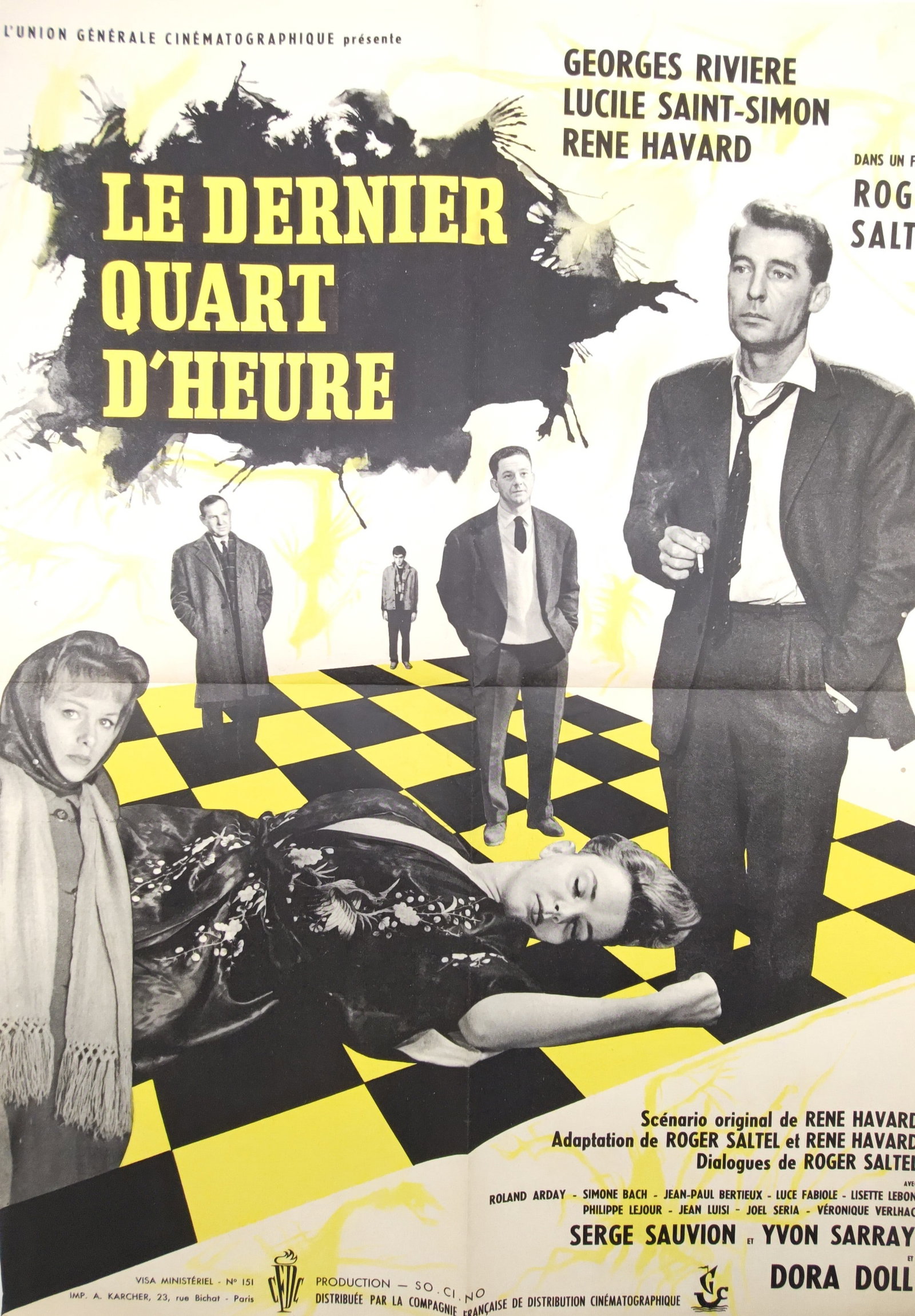 Roger Saltel – Film Poster for The Last Quarter Hour – Lithograph (20th Century): "The Last Quarter Hour" presents a suspenseful promotional composition featuring a dramatic checkerboard floor motif and character portraits to advertise the cinematic crime thriller directed by Roger
