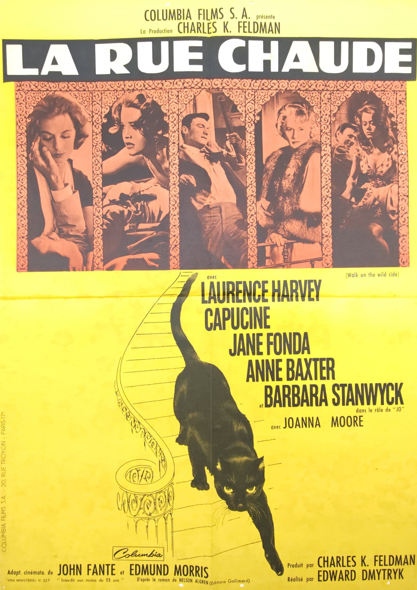 Edward Dmytryk – Theatrical Poster for The Hot Street – Lithograph (20th Century): "The Hot Street" presents a striking promotional composition featuring a black cat descending a stylized staircase alongside a montage of character vignettes to advertise the cinematic drama directed 