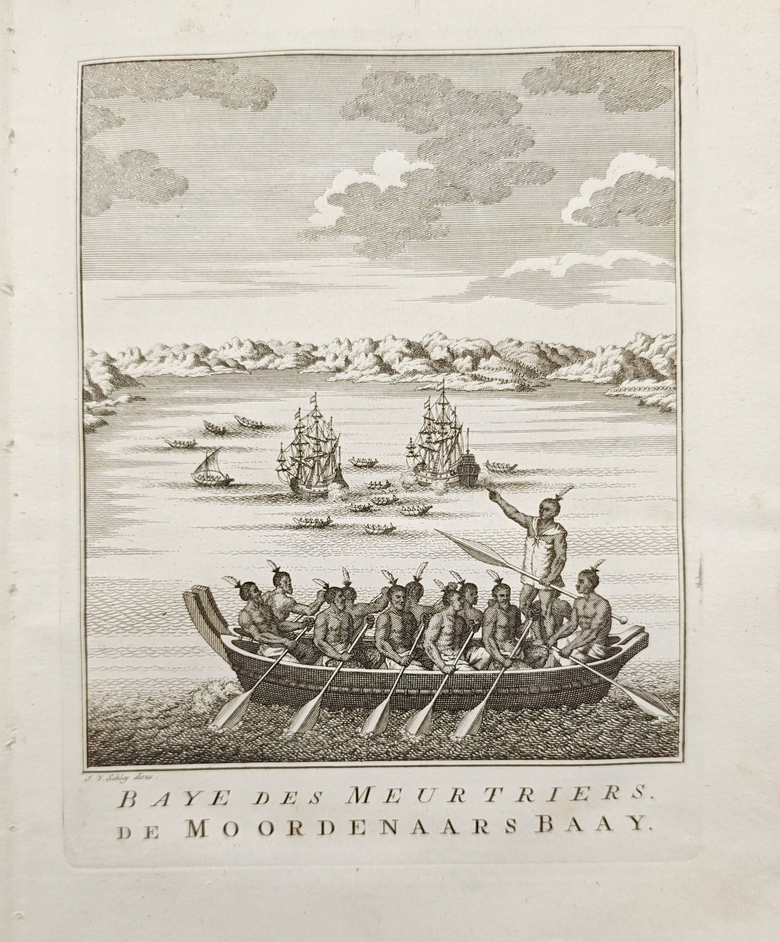 Jacob van der Schley – Encounter at Murderers' Bay in New Zealand – Engraving (18th Century) (1 of 2)