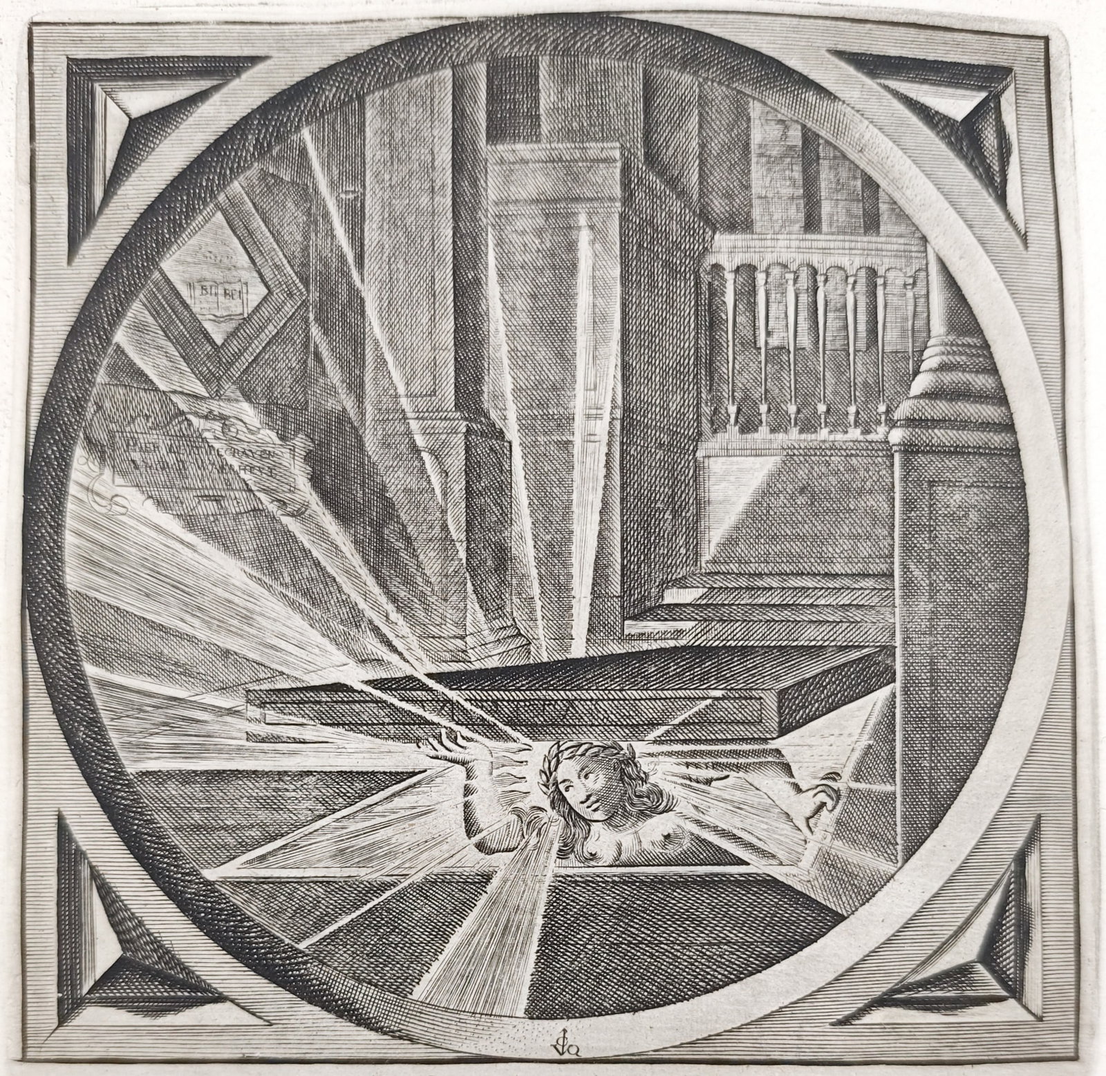 Jacob Cats – Allegory of Truth Rising from the Grave – Engraving (17th Century): "Truth Cannot Remain Buried" presents an emblematic allegorical composition illustrating the radiant figure of Truth emerging from an opened stone sepulcher bathed in divine beams of light within a va