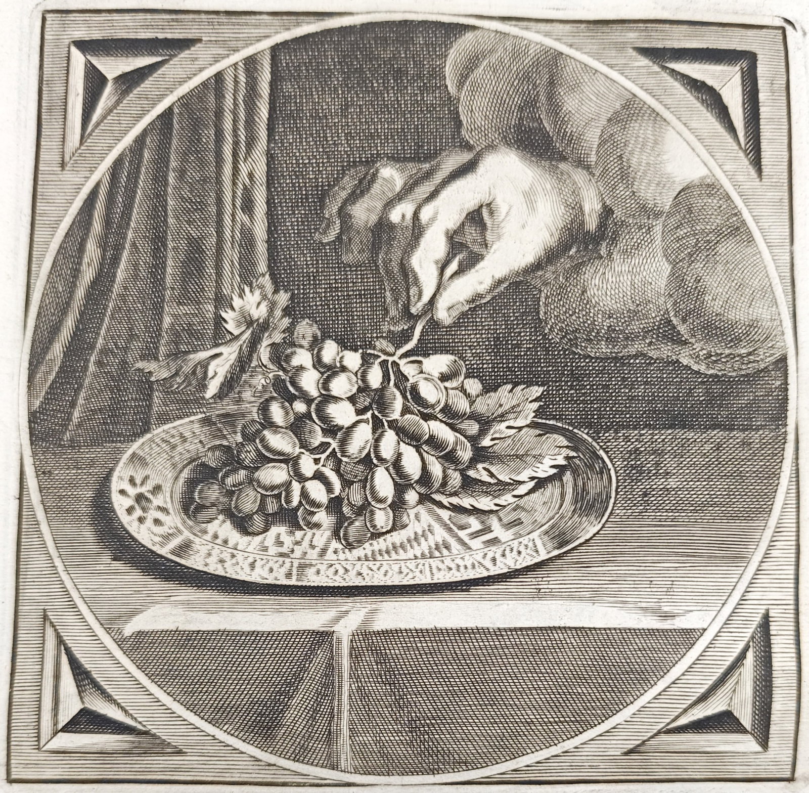 Jacob Cats – Allegory of the Delicate Handling of Grapes – Engraving (17th Century): "There Is a Handle to All Things" presents an emblematic allegorical composition illustrating a hand delicately lifting a cluster of ripe grapes from an ornate platter arranged upon a draped table acc