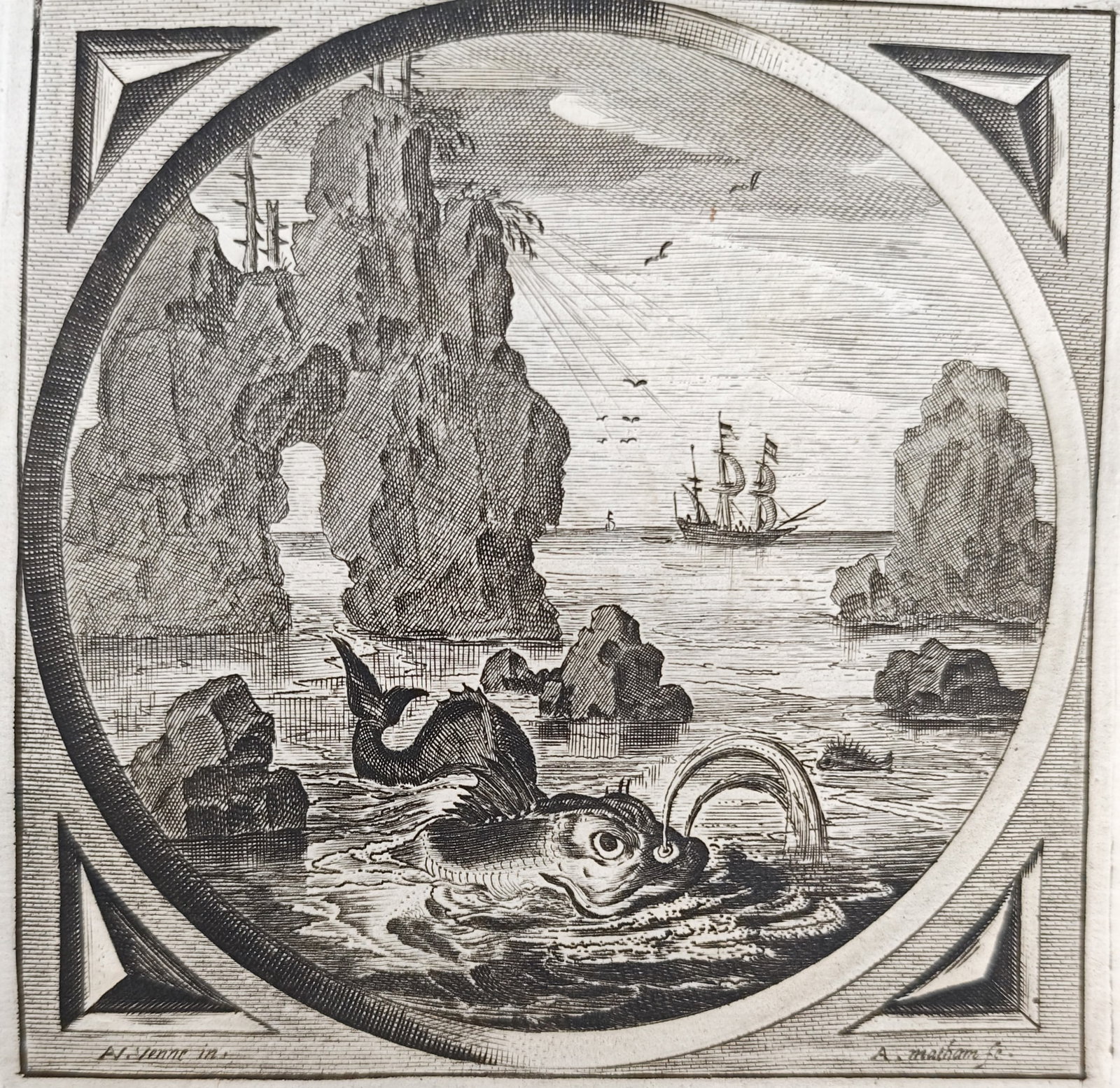 Jacob Cats – Allegory of the Whale Guided by the Pilot Fish – Engraving (17th Century) (1 of 3)