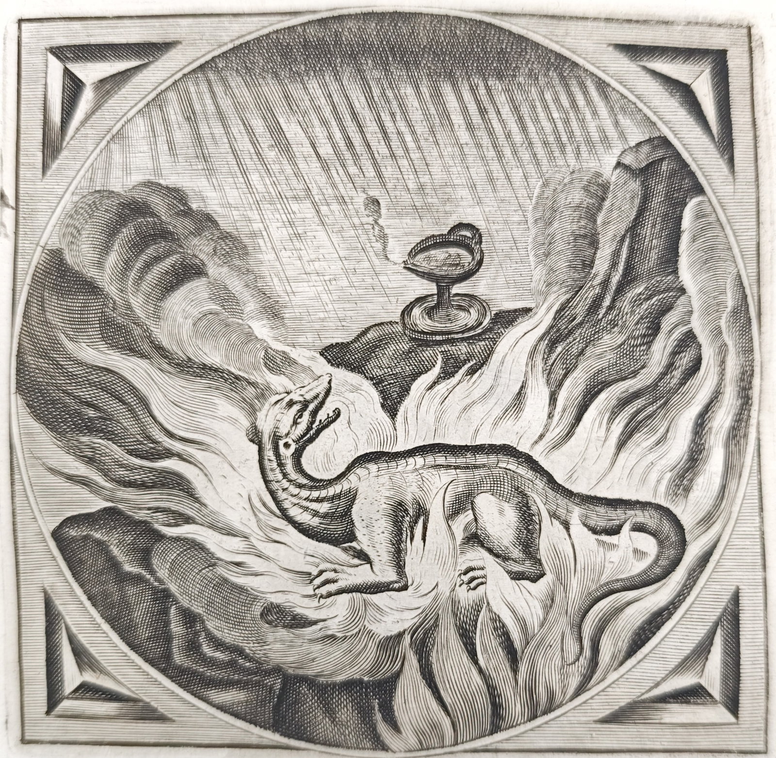 Jacob Cats – Allegory of the Salamander in Flames – Engraving (17th Century) (1 of 3)