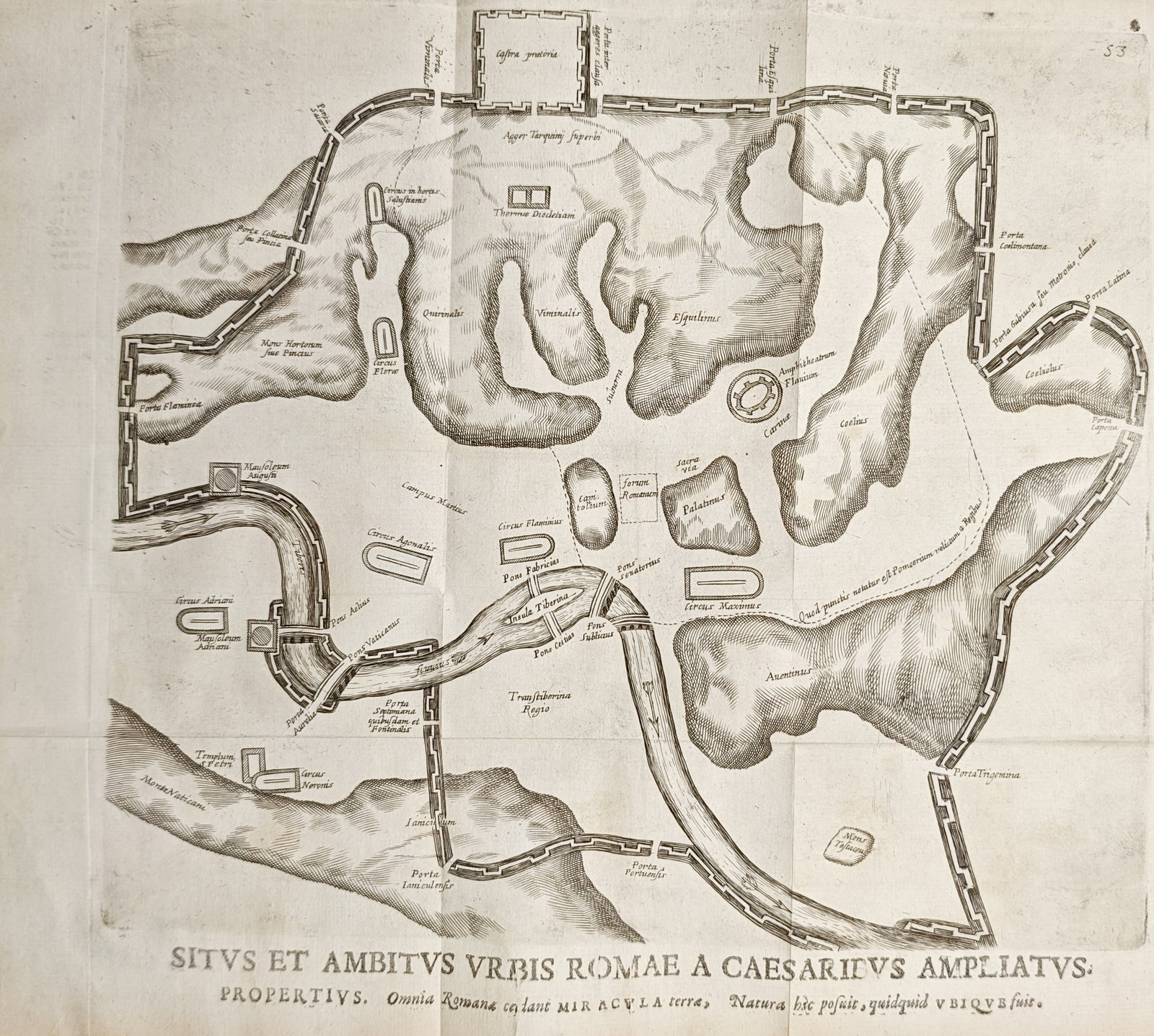 François Halma – Map of Ancient Rome – Italy – Engraving (18th Century): "Site and Circuit of the City of Rome Enlarged by the Caesars" presents a cartographic study illustrating the ancient topographical layout, defensive fortifications, hills, and monumental landmarks of