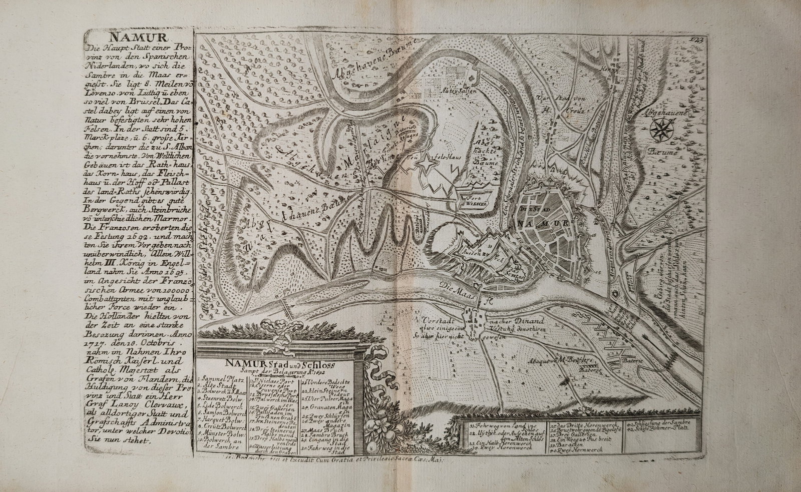 Gabriel Bodenehr – Map of Namur – Belgium – Engraving (18th Century): "Namur" presents a cartographic and military study illustrating the fortified city, surrounding citadels, defensive bastions, and siege works situated at the confluence of the Sambre and Meuse rivers.