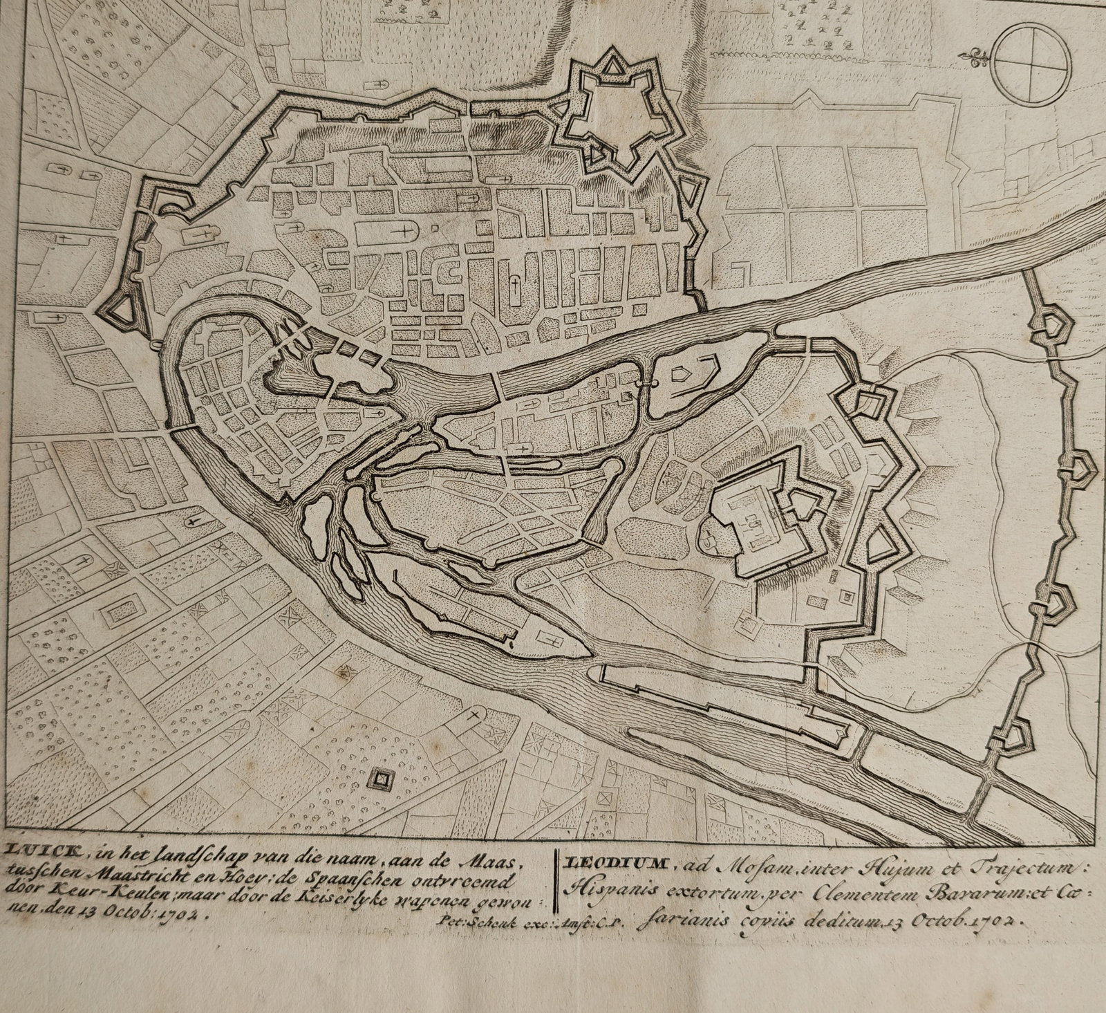 Petrus Schenk – Map of Liège – Belgium – Engraving (1702): "Liège on the Meuse" presents a cartographic and military study illustrating the fortified city, surrounding defensive bastions, citadel, and street layout situated along the Meuse River during the W