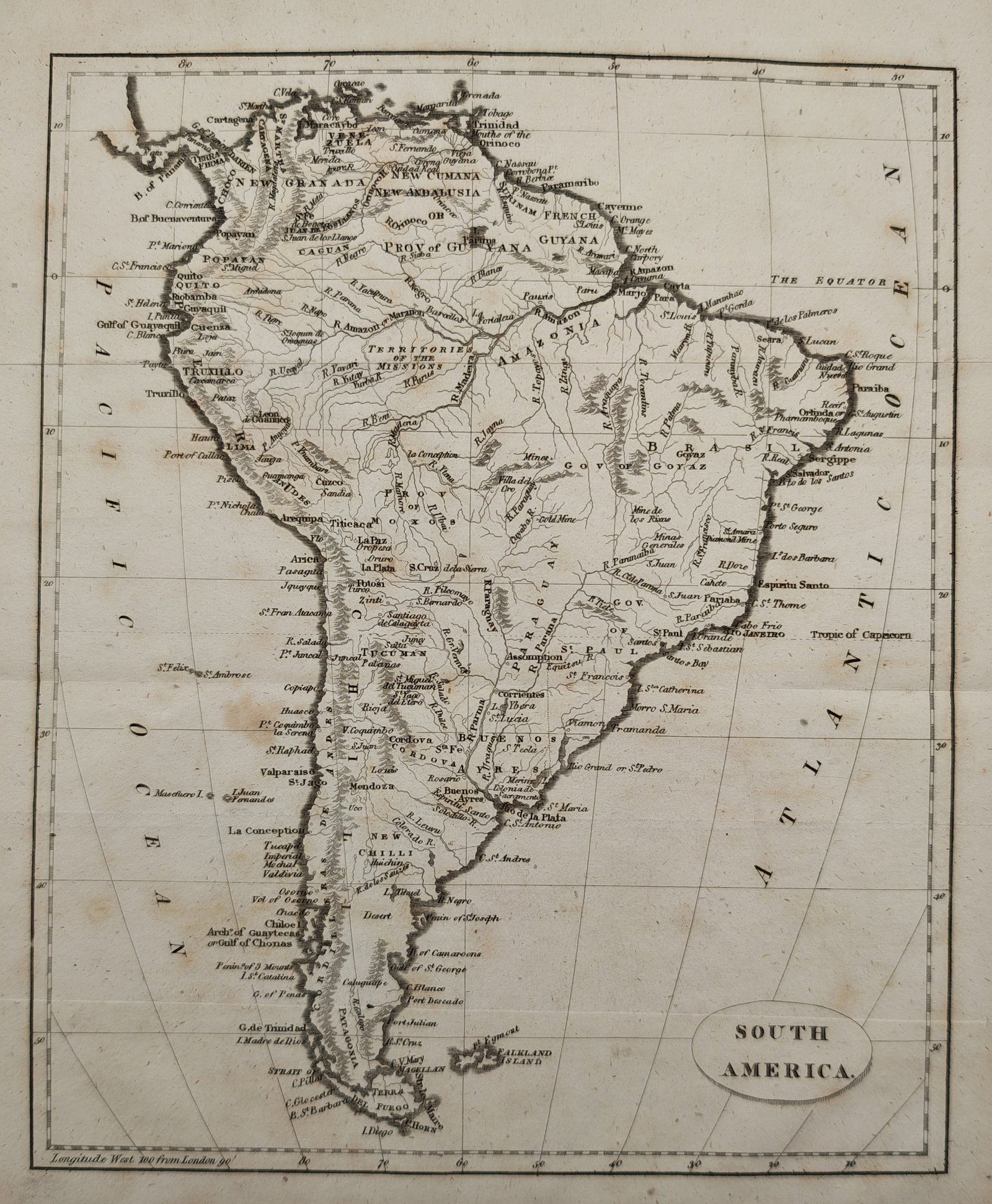 Conrad Malte-Brun – Map of South America – South America – Engraving (19th Century): "South America" presents a cartographic study illustrating the continental landmass, major river basins, mountain ranges, regional territories, and coastal waters bordered by the Atlantic and Pacific 