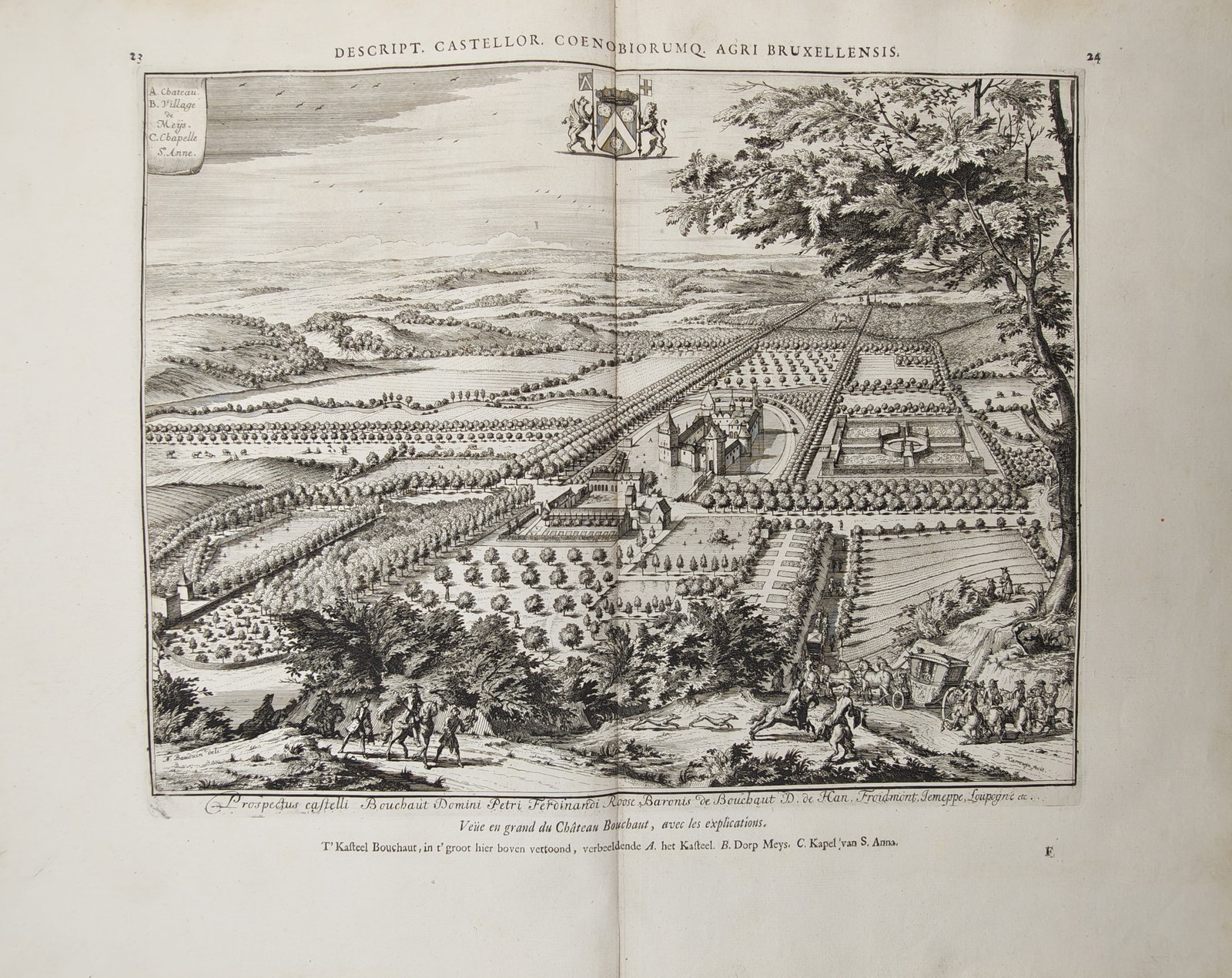 Baron Jacques Le Roy – Topographical View of Bouchout Castle – Belgium – Engraving: "View of Bouchout Castle" presents a topographical landscape study illustrating the fortified manor, expansive walled grounds, formal orchards, geometric gardens, and surrounding countryside of Meise 