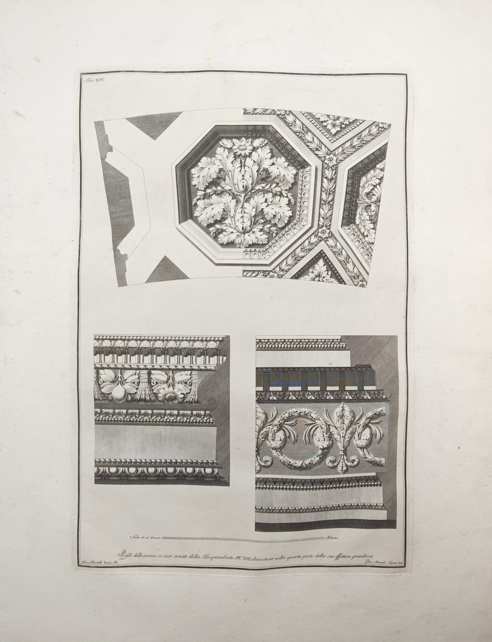 Giocondo Albertolli – Architectural Studies of Classical Coffered Ceilings and Friezes –: "Details of the Cornice and Vault" presents an architectural and ornamental design study illustrating coffered ceiling compartments, foliate rosettes, dentil moldings, and classical frieze reliefs int
