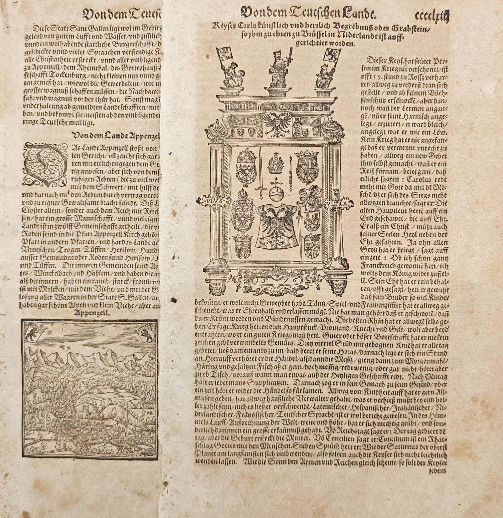Sebastian Münster – Set of 2: Historical and Heraldic Studies from the German Lands – Woodcuts: "Of the German Lands" presents a historical and topographical study featuring architectural monument designs, imperial funerary monuments, and regional Swiss and German civic armorial coats of arms in