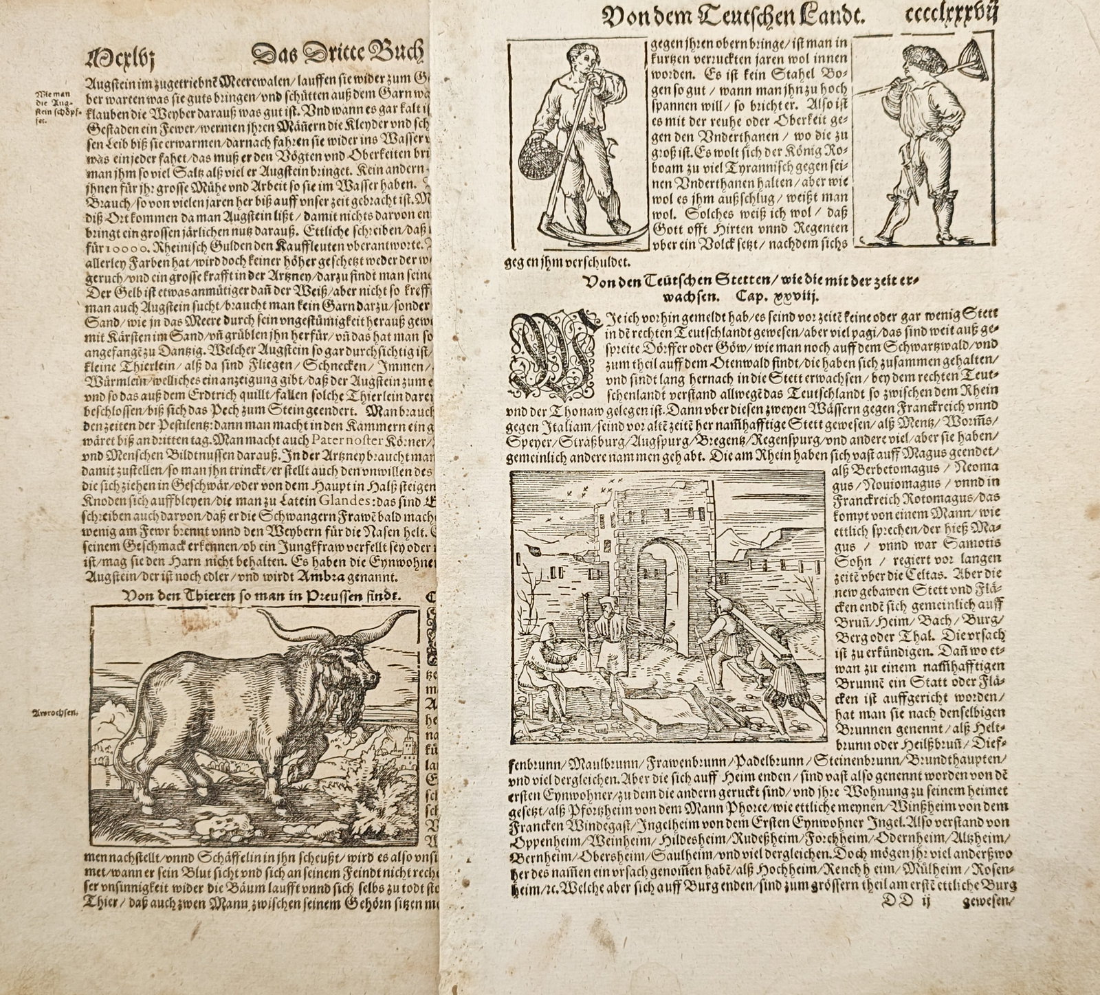 Sebastian Münster – Set of 2: Historical and Ethnographic Studies of Peoples – Woodcuts: "The Third Book: Of the German Lands" presents a historical and ethnographic study illustrating traditional figures, a wild beast of Prussia, and structural woodcut vignettes integrated with early Ger