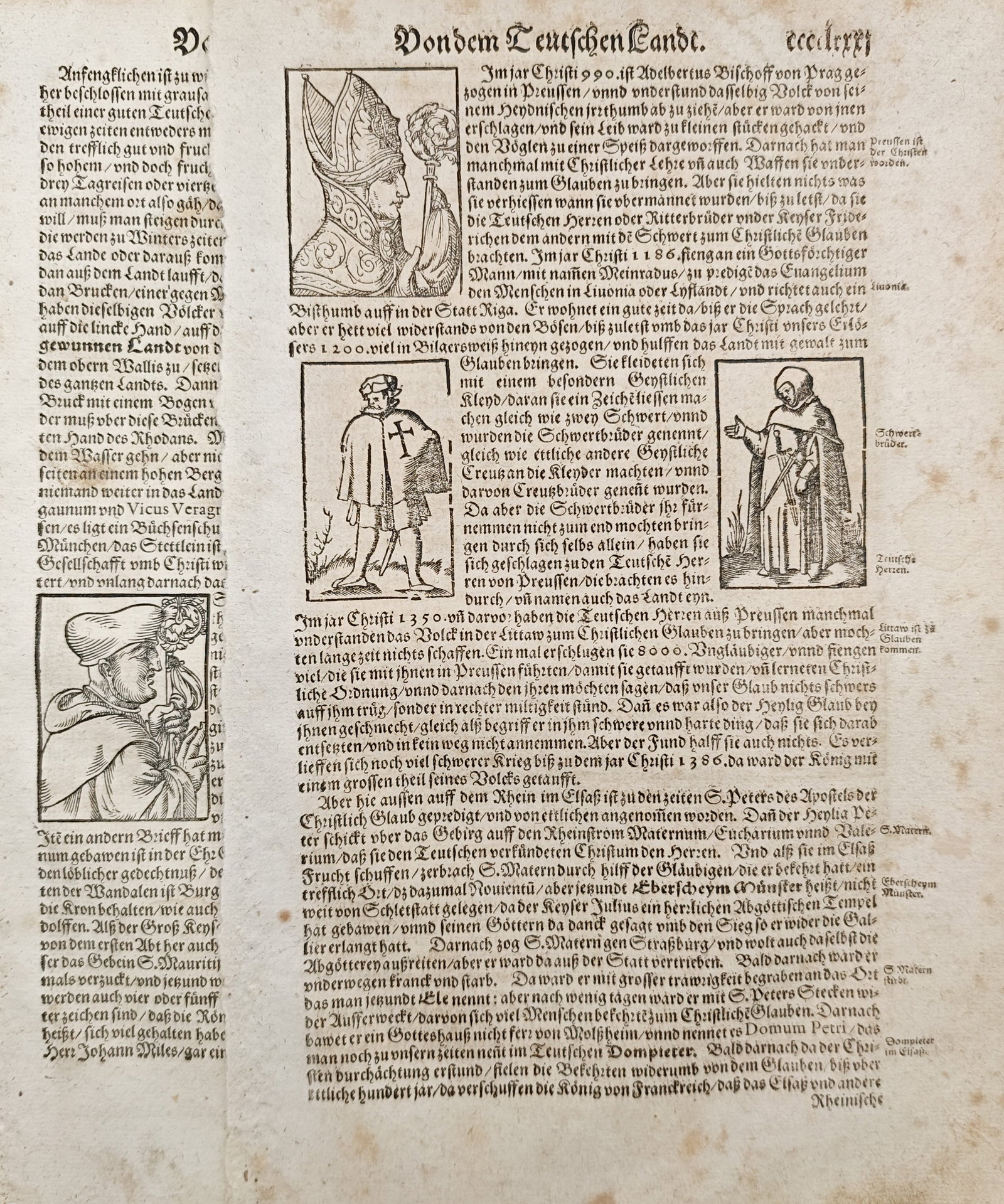 Sebastian Münster – Set of 2: Historical Studies of Livonian and Prussian Crusades – Woodcuts: "Of the German Lands" presents a historical study illustrating European knightly figures, clerical portraits, and the crusading Swordbrothers alongside early German typography detailing ecclesiastical