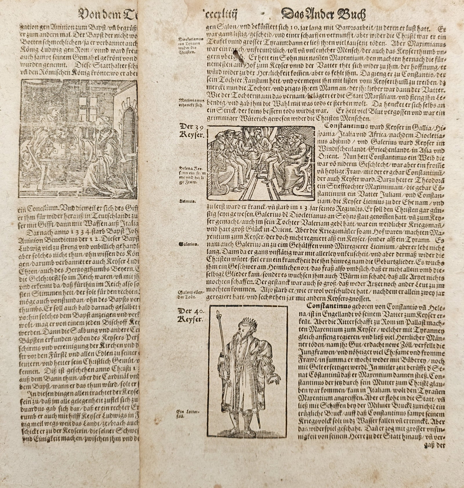 Sebastian Münster – Set of 2: Historical Studies of Roman Emperors and Chronicles – Woodcuts: "The Second Book" presents a historical and biographical study illustrating portraits of Roman emperors, imperial rulers, and early ecclesiastical gatherings integrated with early German typography. D