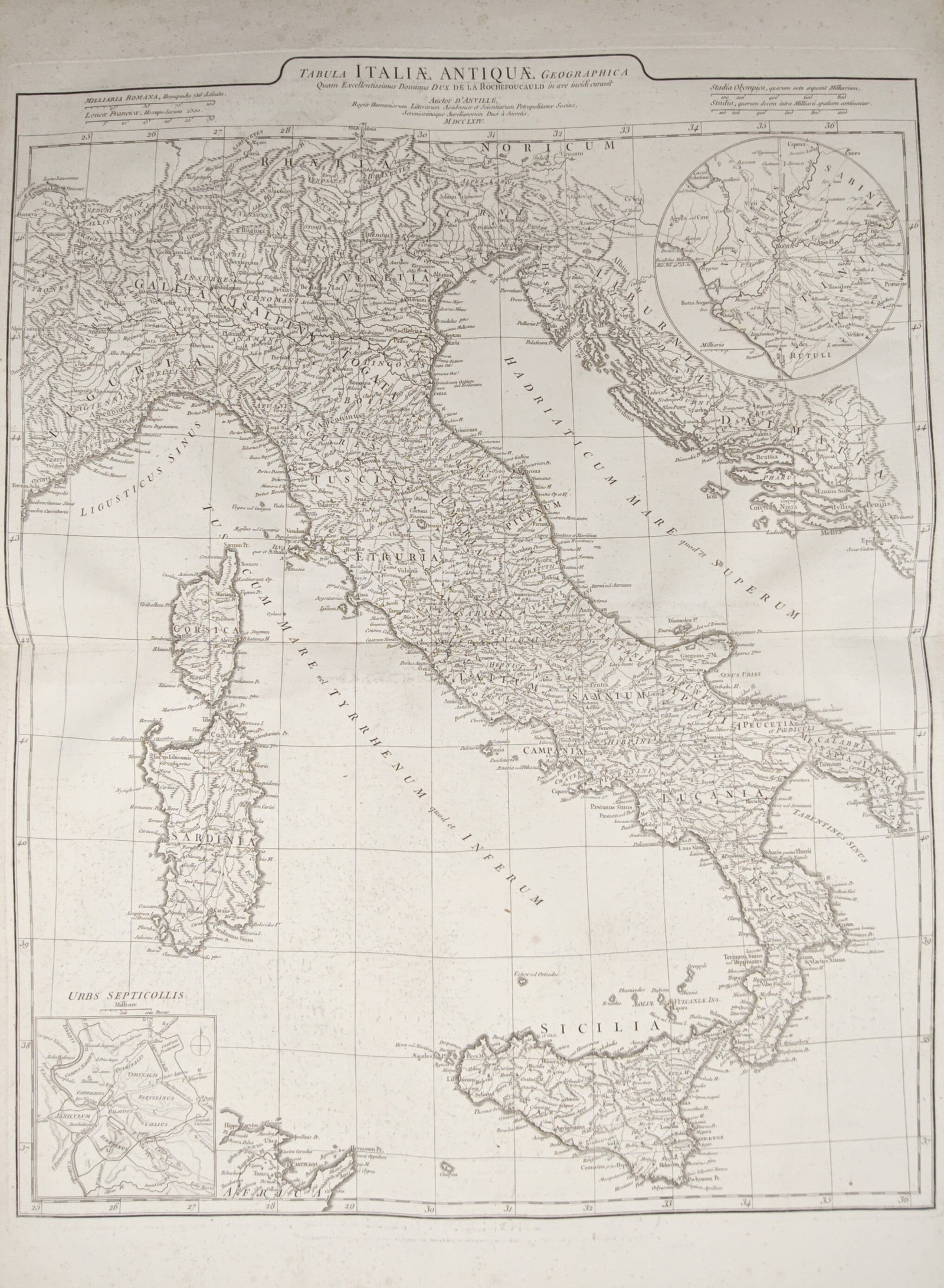 Jean-Baptiste Bourguignon d'Anville – Map of Ancient Italy – Engraving (18th Century): "Geographical Map of Ancient Italy" presents a comprehensive cartographic survey delineating the Italian peninsula, surrounding islands, and regional territories during antiquity. This copperplate eng