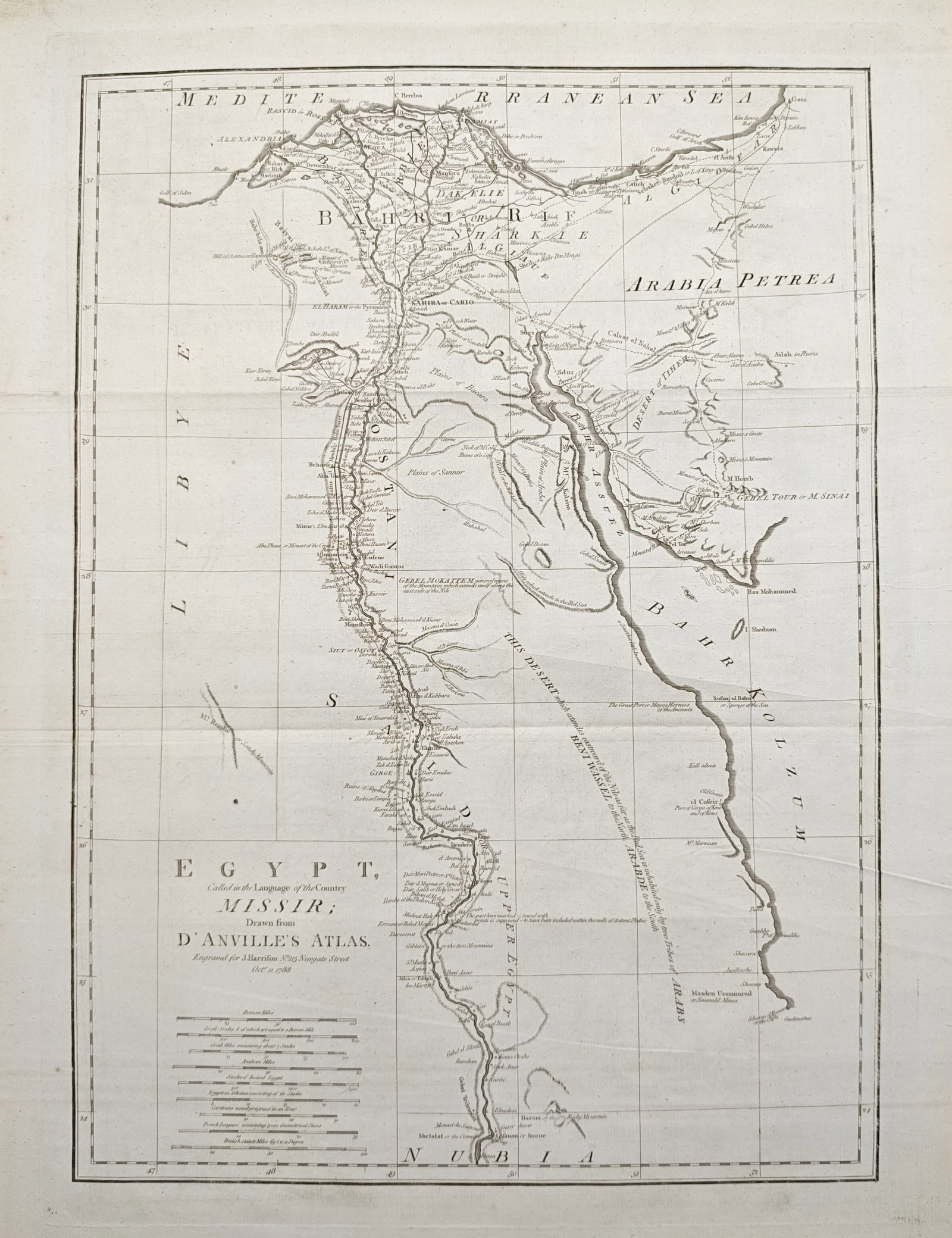Jean-Baptiste Bourguignon d'Anville – Map of Egypt – Engraving (18th Century): "Egypt, Called in the Language of the Country Missir" presents a detailed cartographic survey delineating the Nile River corridor, the Delta, and adjacent desert regions of northeastern Africa and the