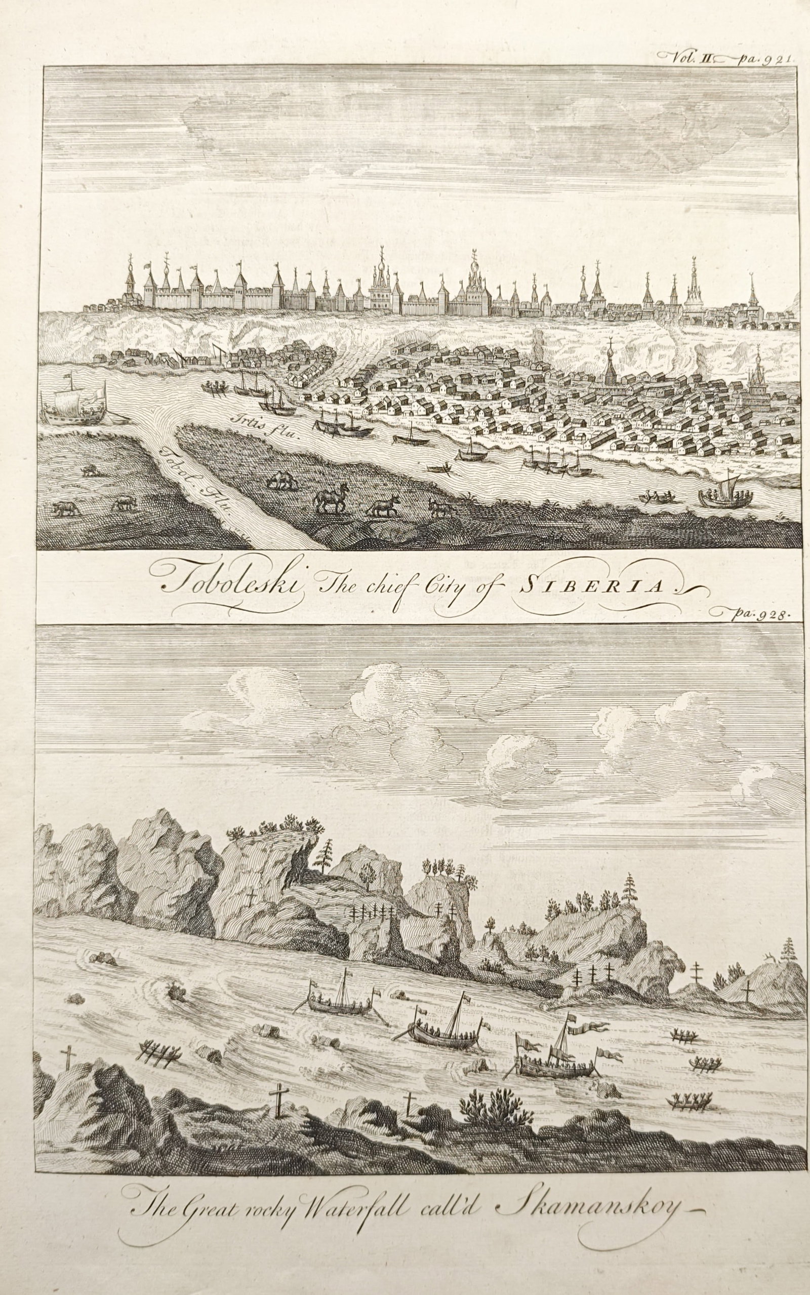 Emanuel Bowen – Topographical Views of Tobolsk and the Shamanskoy Waterfall – Engraving: "Tobolski the Chief City of Siberia and The Great Rocky Waterfall Call'd Shamanskoy" presents a historical topographical study illustrating an expansive panoramic cityscape of Tobolsk along the river 