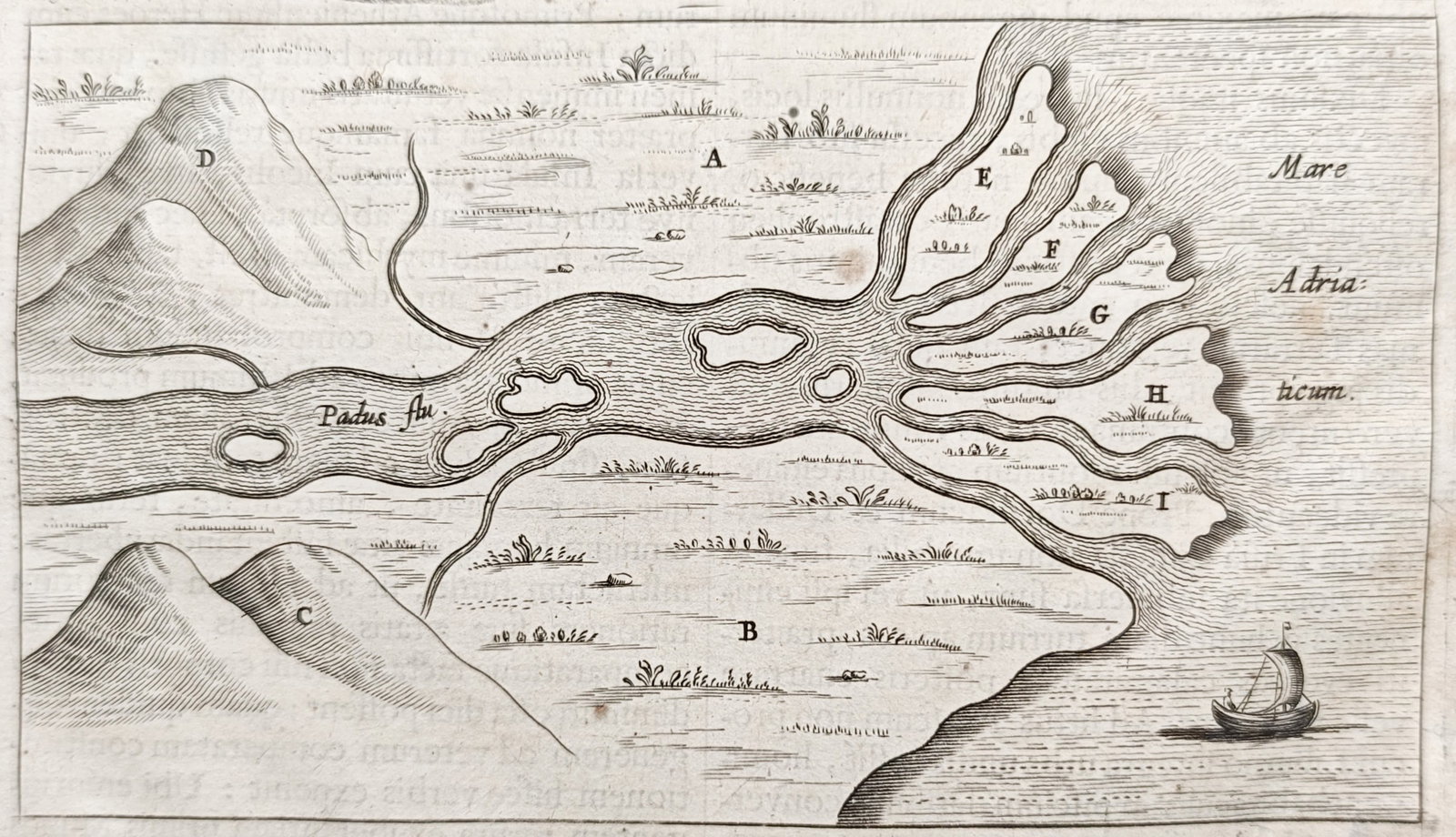 Athanasius Kircher – Hydrogeological Studies of River Meanders and Alluvial Formations –: "The Construction of the Terrestrial Globe" presents a geological and hydrological study illustrating riverbed erosion, sediment deposition, and delta formation along the course of the Po River emptyi