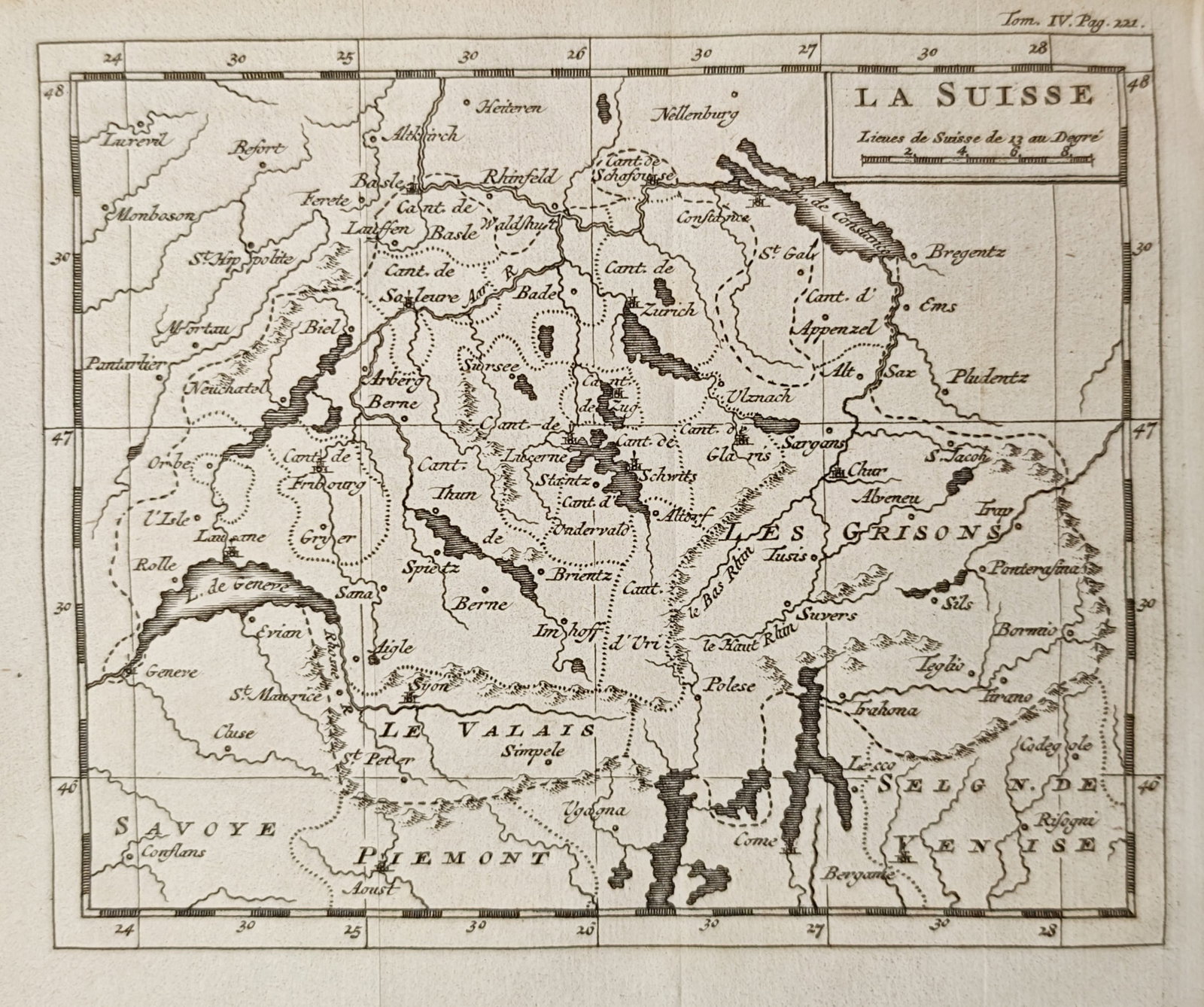 Nicolas Sanson – Map of Switzerland – Europe – Engraving (17th Century): "Switzerland" presents a detailed cartographic survey delineating the cantons of the Swiss Confederacy, neighboring alpine territories, and adjacent borders of Savoy and northern Italy. This copperpla