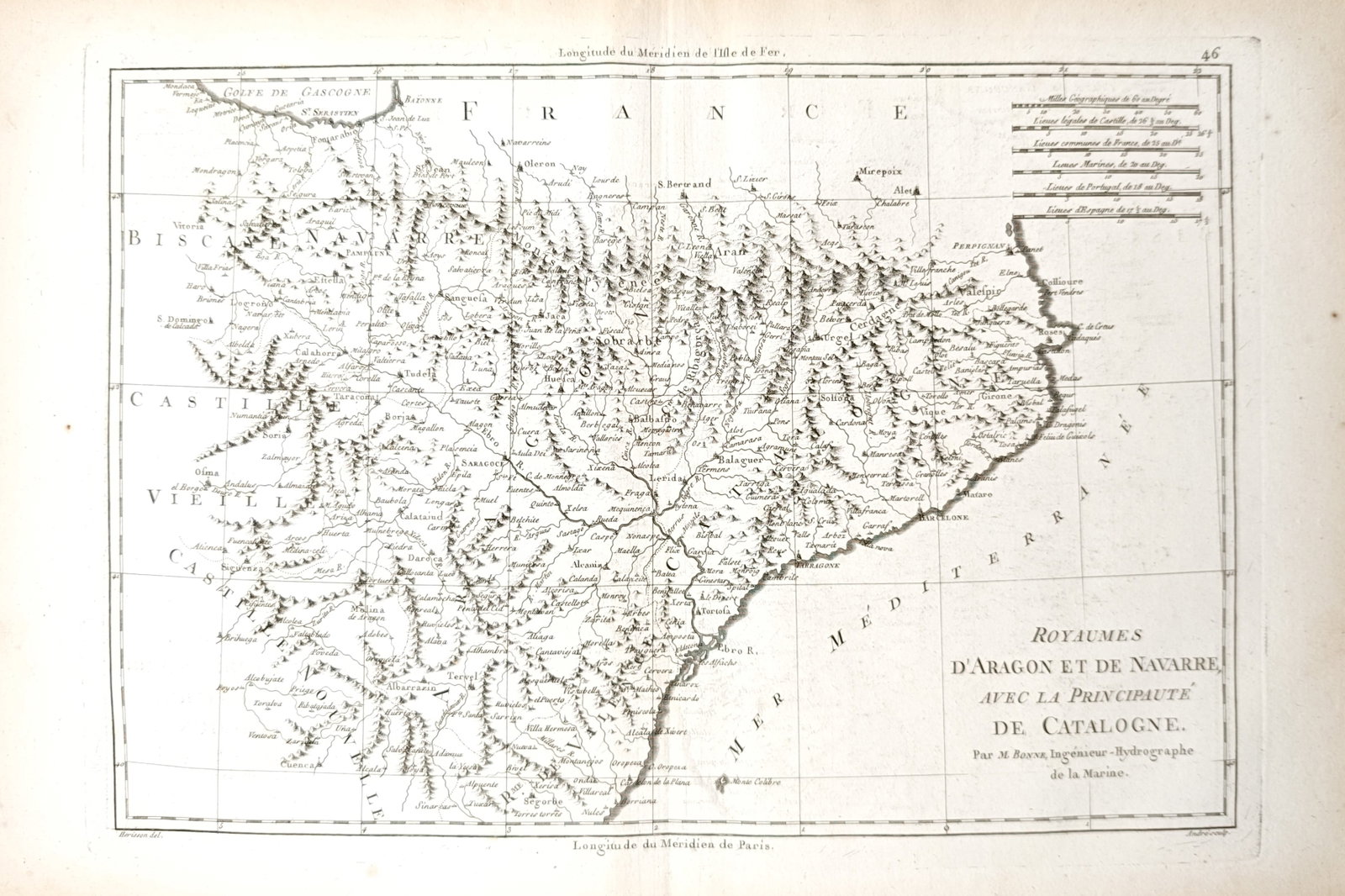 Rigobert Bonne – Map of the Kingdoms of Aragon and Navarre with the Principality of Catalonia: "Kingdoms of Aragon and Navarre with the Principality of Catalonia" presents a detailed cartographic survey delineating northeastern Spain, including the Pyrenean frontier with France and the Mediterr