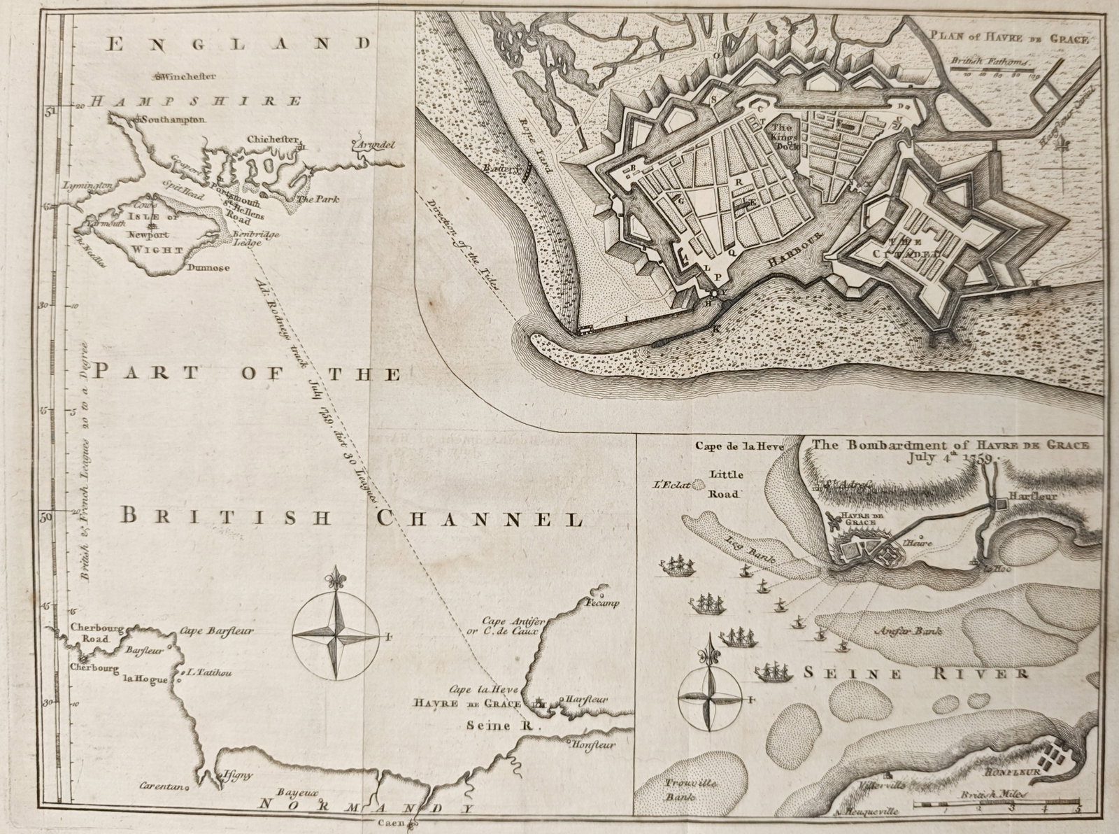 David Henry and Richard Cave – Map of the Bombardment of Le Havre – France – Engraving: "Plan of Havre de Grace" presents a military cartographic survey illustrating naval operations in the English Channel alongside detailed fortifications of Le Havre and the naval bombardment during the