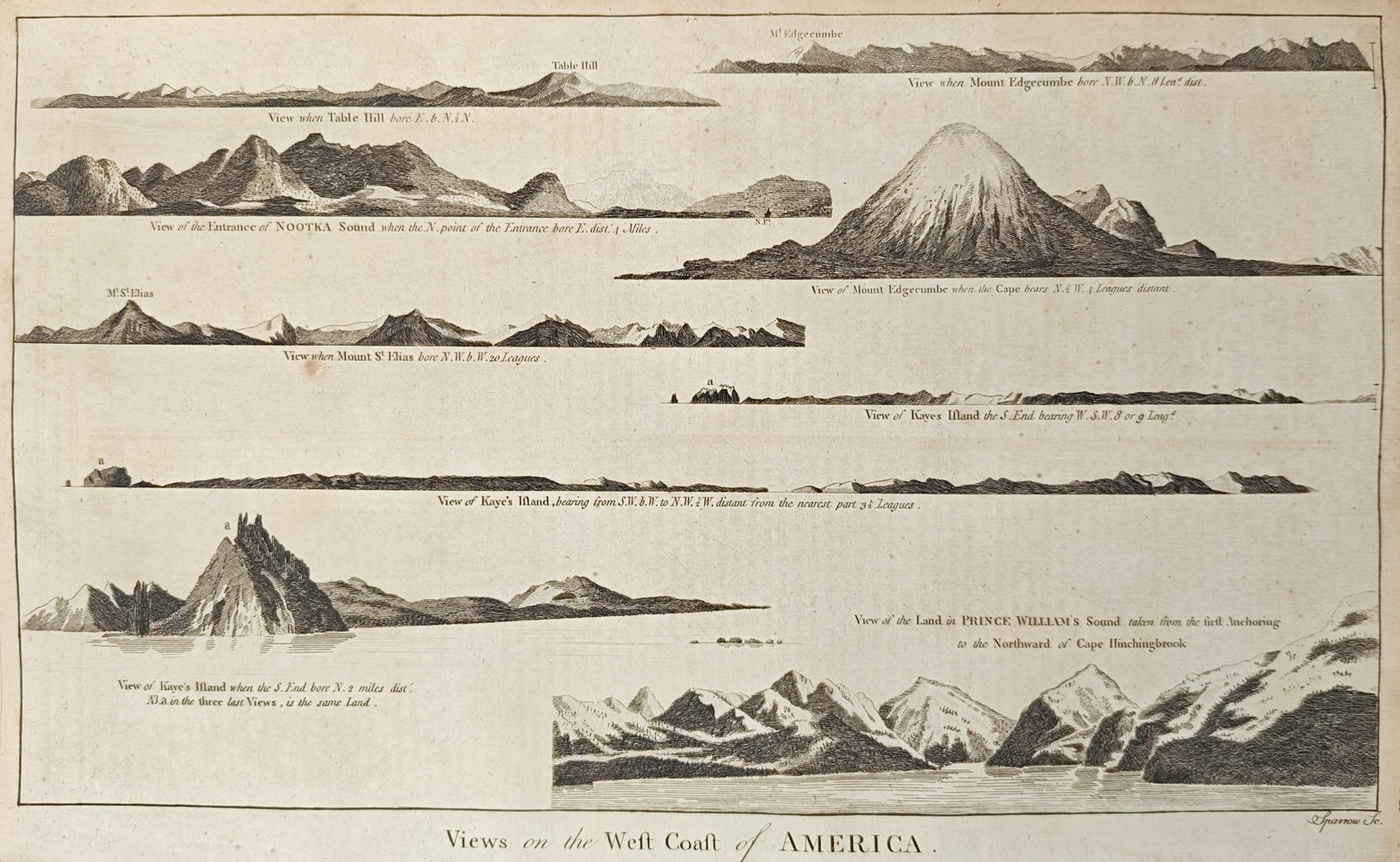 Alexander Hogg – Coastal Profiles of the Pacific Northwest – Engraving (18th Century): "Views on the West Coast of America" presents a series of nautical coastal elevation profiles depicting landmarks such as Nootka Sound, Mount Edgecumbe, Mount Saint Elias, Kayes Island, and Prince Wil
