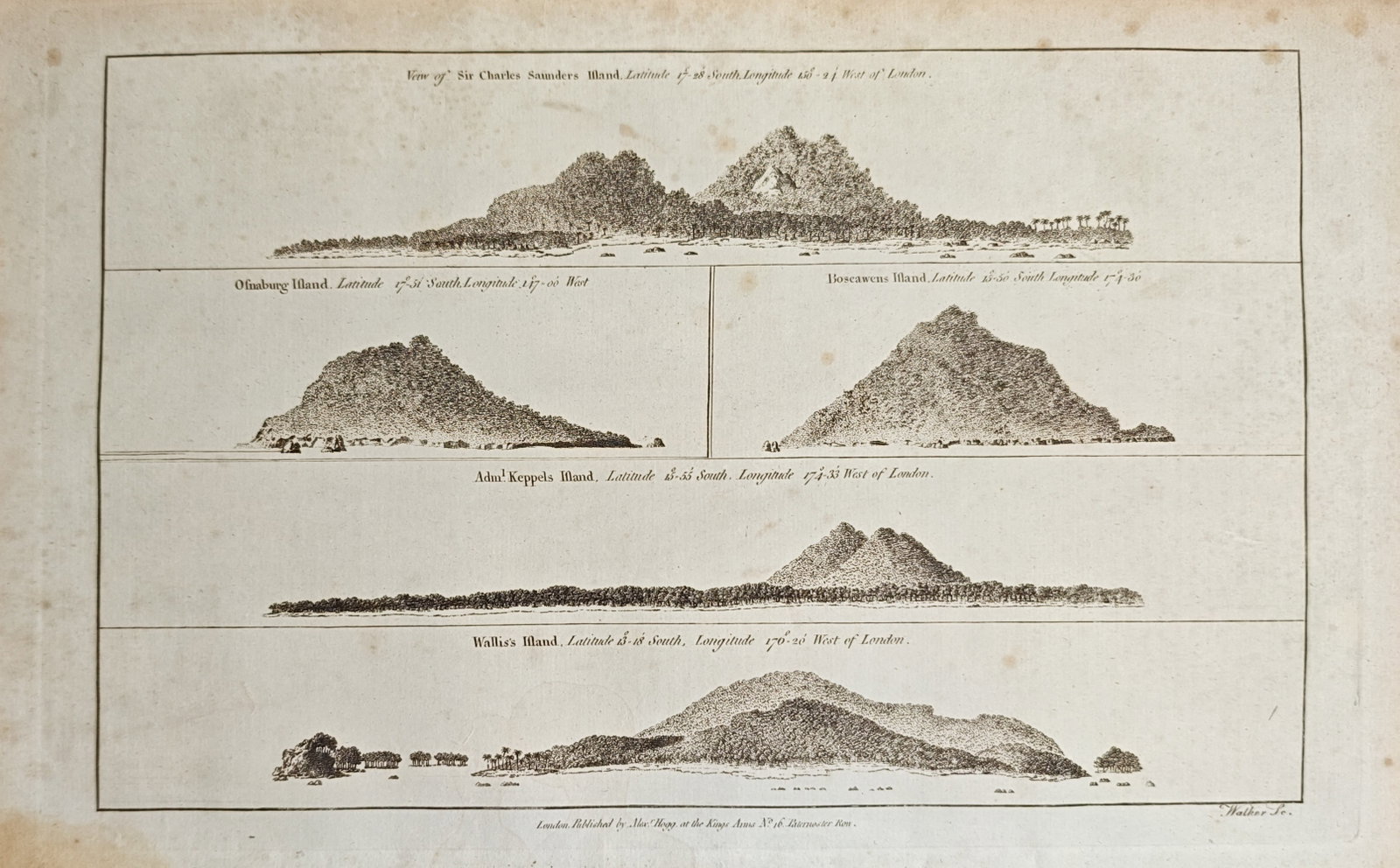 Alexander Hogg – Coastal Profiles of Pacific Islands – Engraving (18th Century): "View of Sir Charles Saunders Island, Osnaburg Island, Boscawens Island, Adm. Keppels Island, Wallis's Island" presents a series of nautical coastal elevation profiles depicting islands across the Sou