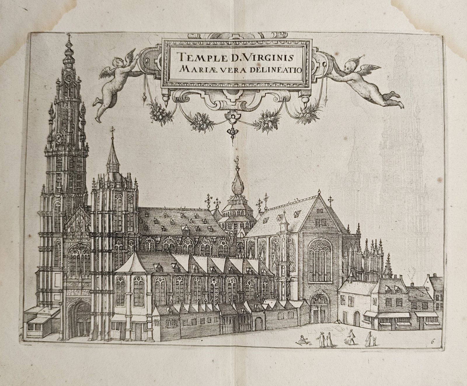 Pieter van der Borcht – True Delineation of the Church of the Blessed Virgin Mary – Etching: "True Delineation of the Church of the Blessed Virgin Mary" presents an architectural perspective delineating the Cathedral of Our Lady in Antwerp beneath a classical decorative cartouche supported by