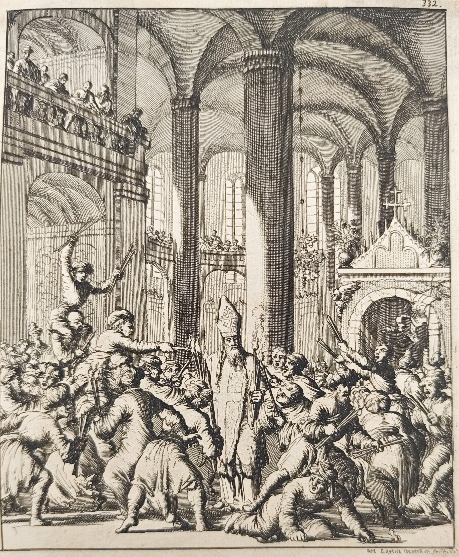 Jan Luyken – Crowd in a Church with a Bishop – Etching (17th–18th Century) (1 of 2)