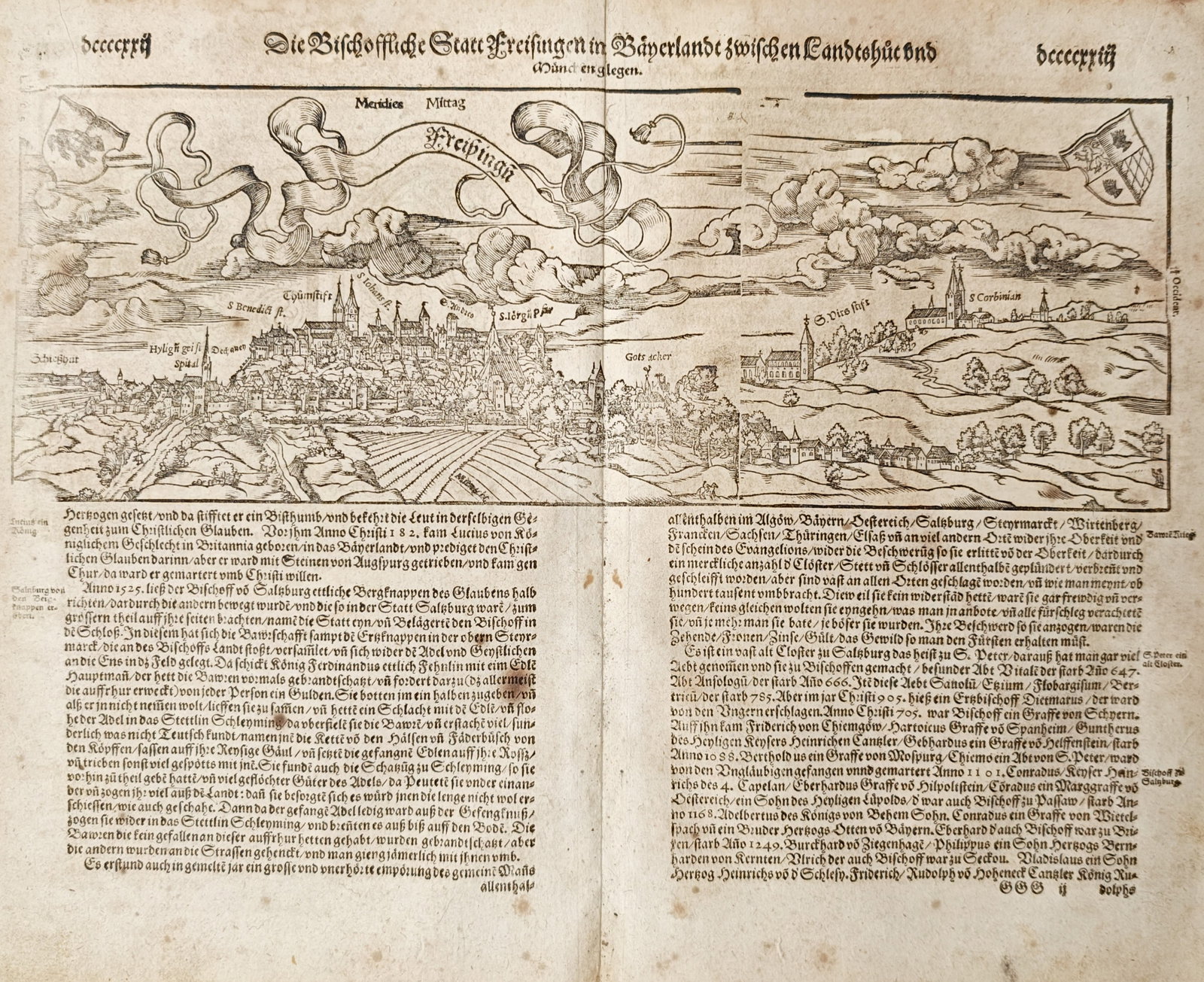Sebastian Münster – Panoramic View of Freising in Bavaria – Germany – Woodcut (16th Century): "The Episcopal City of Freising in Bavaria Situated Between Landshut and Munich" presents a detailed panoramic cityscape depicting the cathedral hill, fortified gates, town hall, and surrounding eccle
