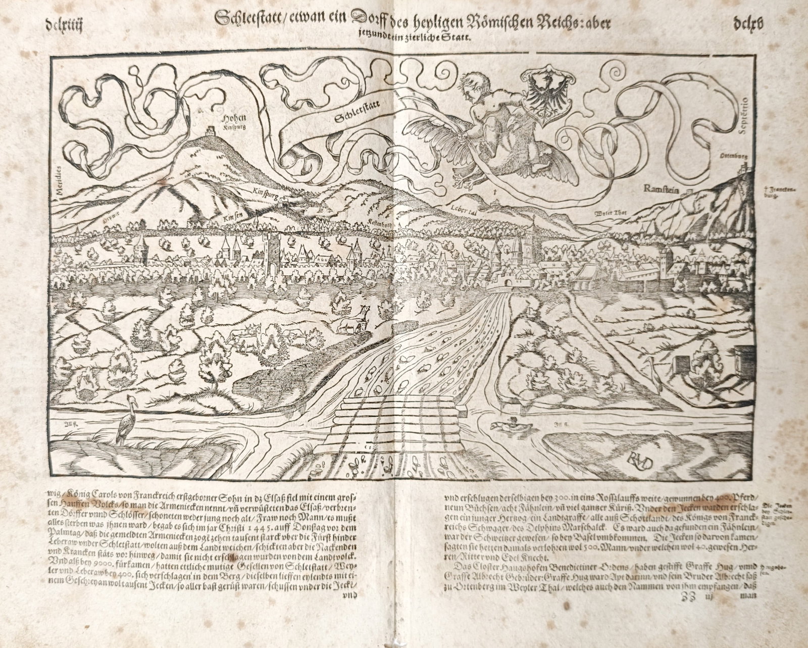 Sebastian Münster – Panoramic View of Sélestat in Alsace – France – Woodcut (16th Century): "Sélestat, Formerly a Village of the Holy Roman Empire, but Now a Fair City" presents a topographical and historical study depicting the fortified Alsatian town of Sélestat alongside the Vosges foot