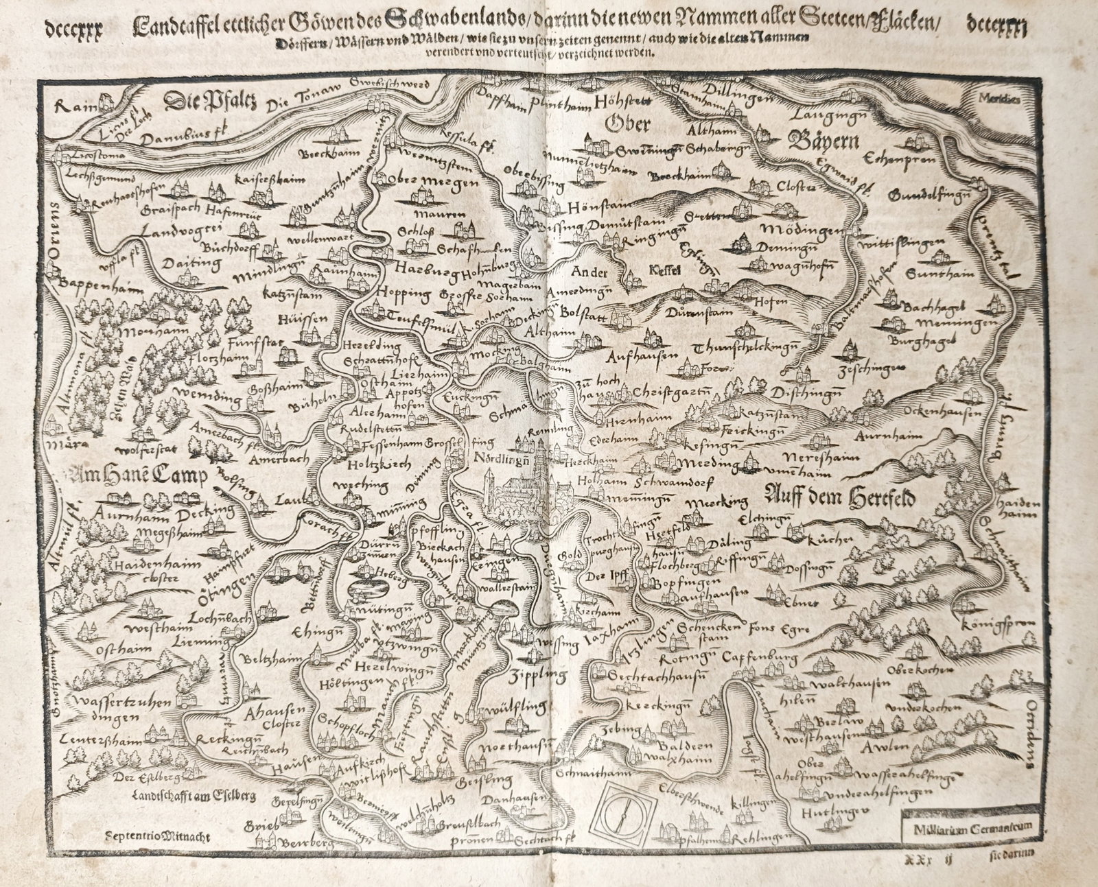 Sebastian Münster – Map of Swabia – Germany – Woodcut (16th Century): "Regional Map of Certain Districts of the Swabian Land" presents an early cartographic survey illustrating the historical territories, waterways, and populated settlements of Swabia and neighboring Up