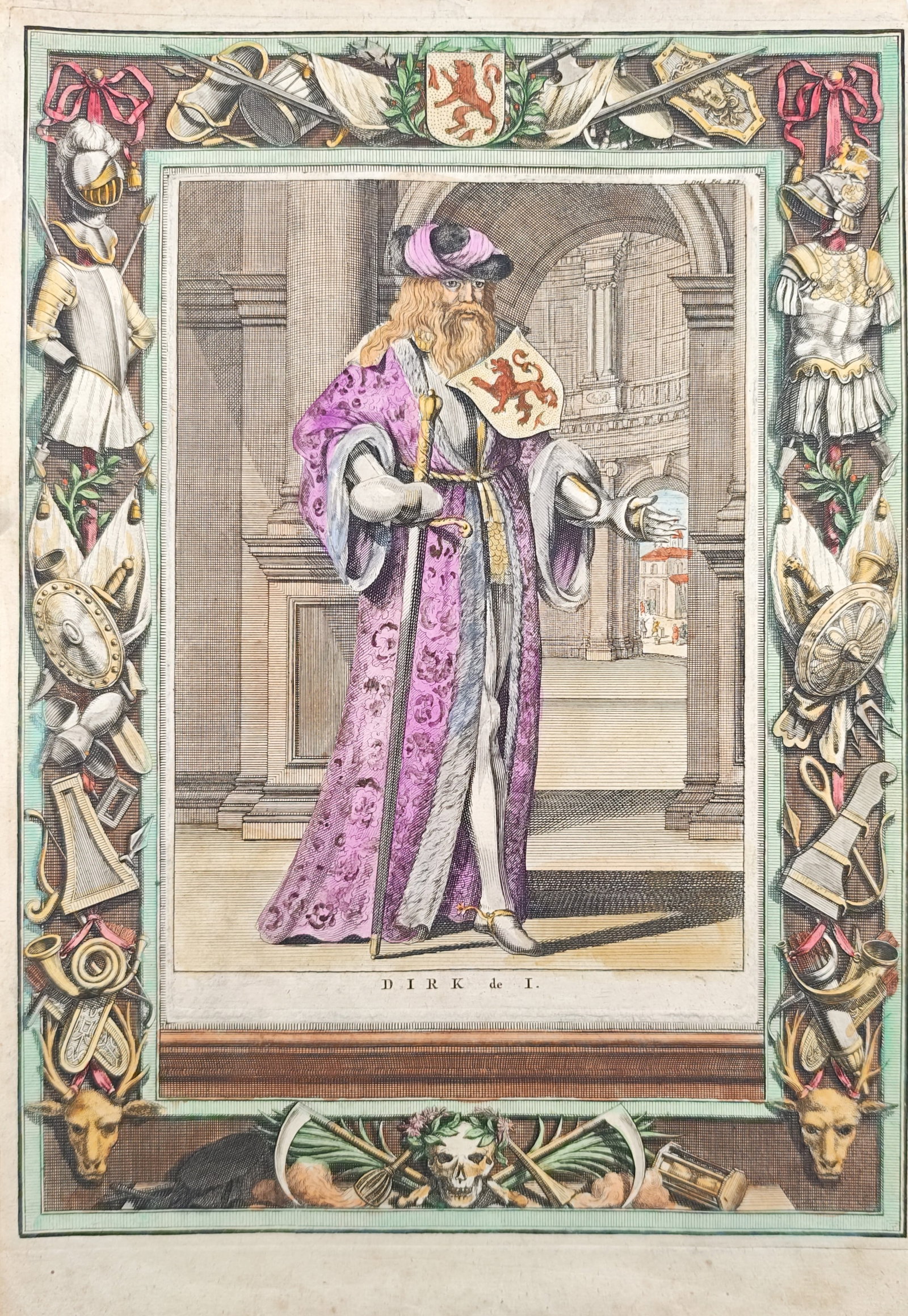 Jan Goeree – Portrait of Dirk I, Count of Holland – Engraving (18th Century): "Dirk I" presents a full-length portrait study depicting the medieval count in ceremonial robes and armor framed by an elaborate decorative border composed of chivalric trophies, heraldic shields, and