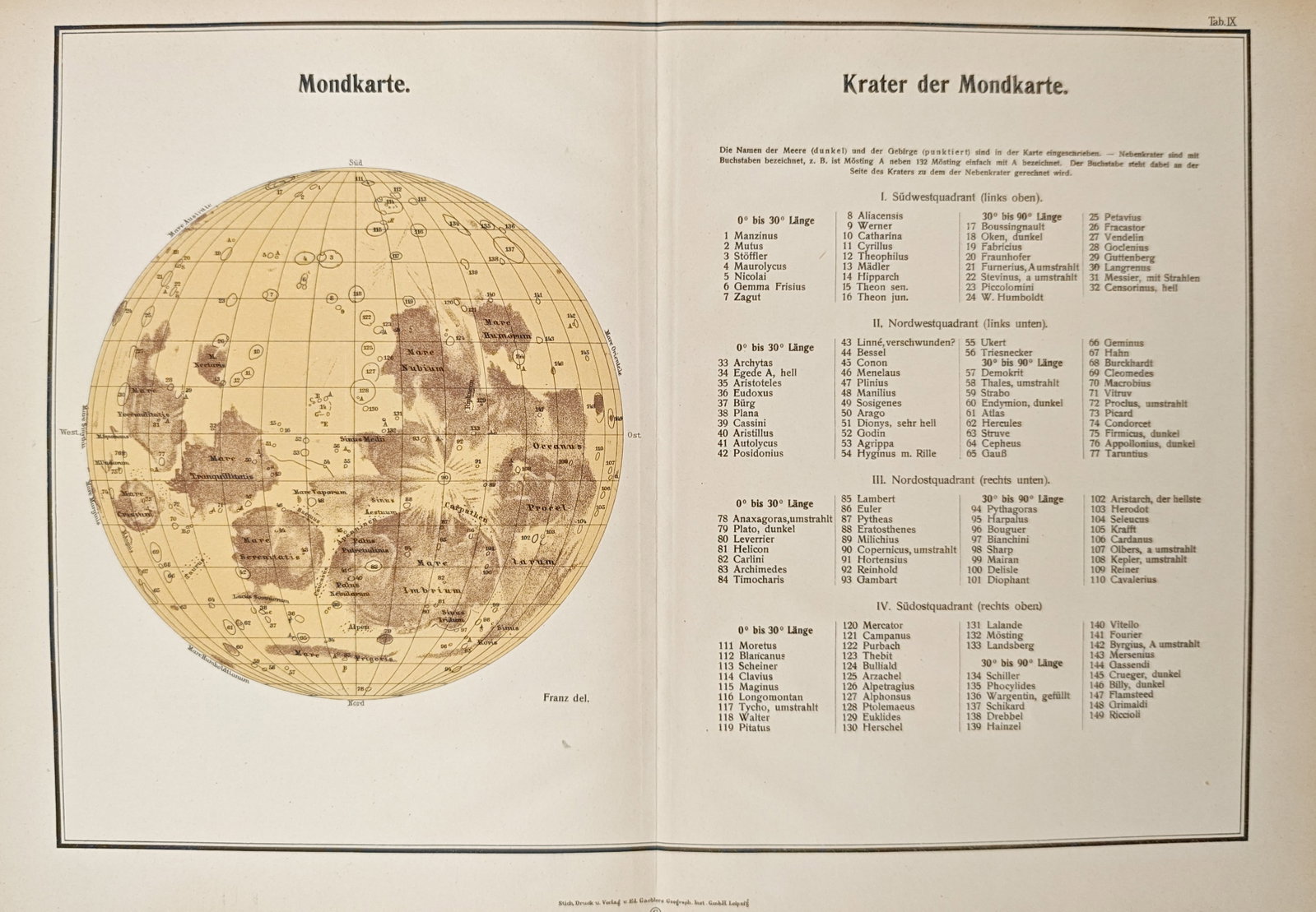 Julius Heinrich Franz – Map of the Moon – Celestial – Lithograph (20th Century): "Moon Map" presents an astronomical lunar survey delineating the visible surface features of the Moon alongside a comprehensive observational reference index of named lunar craters and maria. This ear