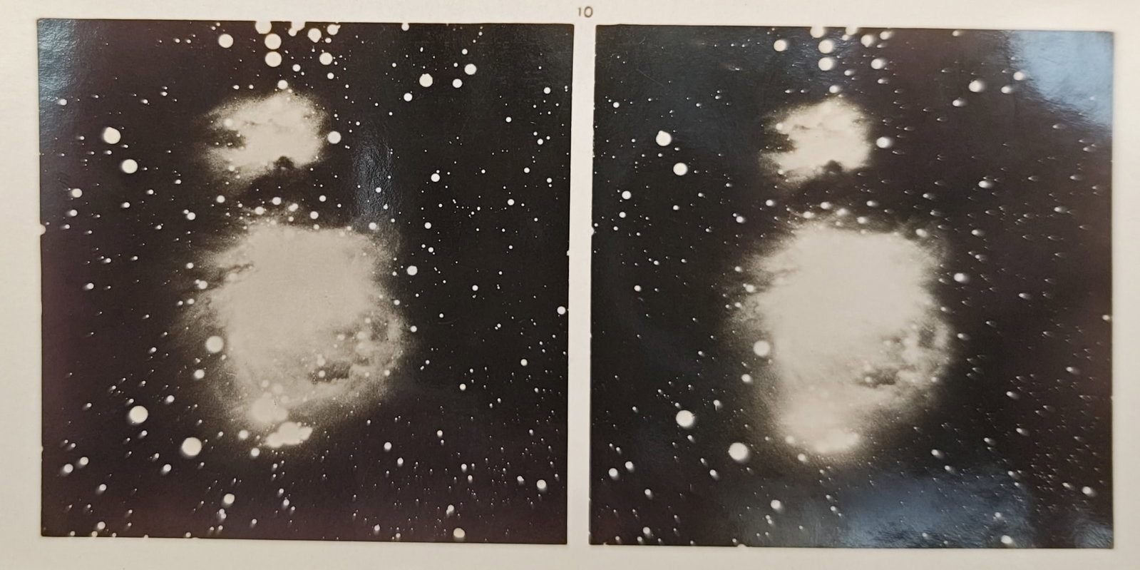 Unknown Artist – Stereoscopic Study of the Orion Nebula – Lithograph (20th Century): "Stereoscopic View of the Orion Nebula" presents an astronomical photographic study depicting paired views of the Great Nebula in Orion arranged for stereoscopic depth analysis. This twentieth-century