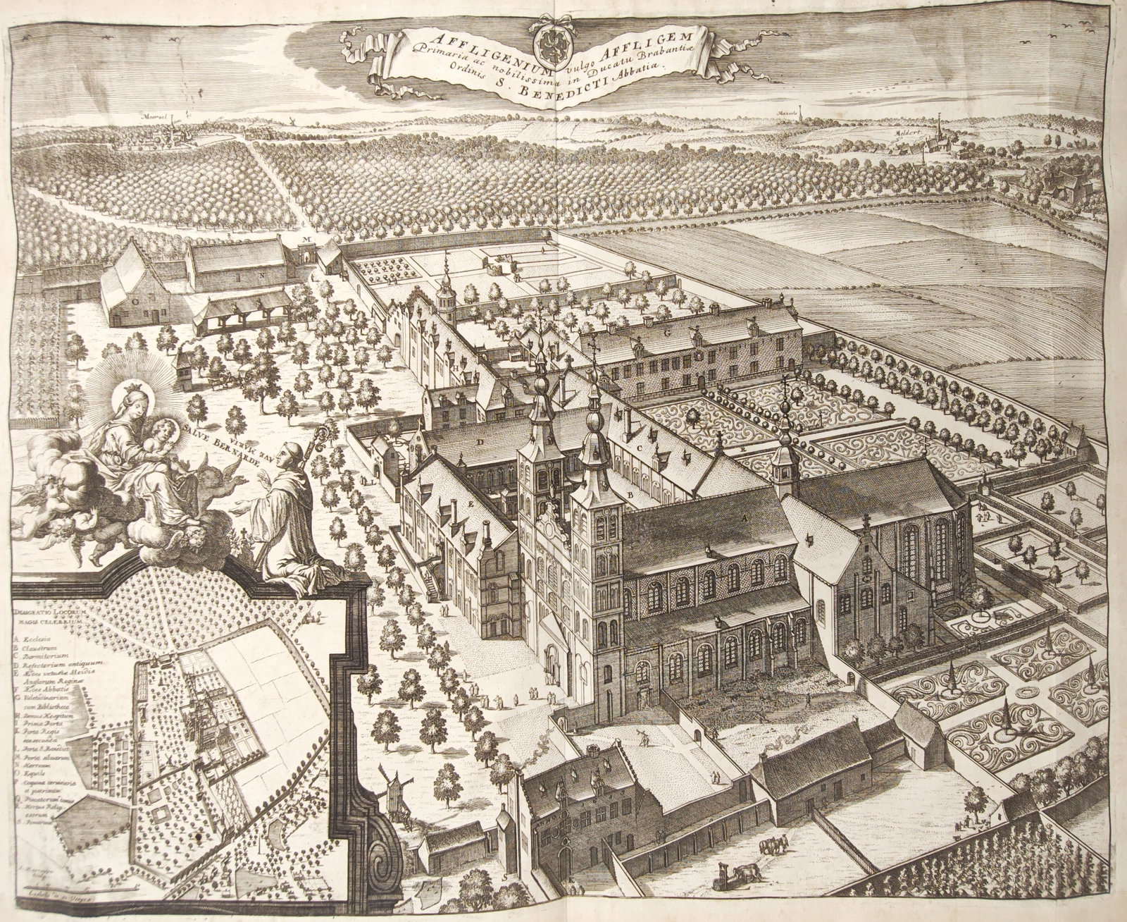 Antonius Sanderus – Bird's-Eye View of Affligem Abbey – Engraving (17th–18th Century): "Affligenium Commonly Affligem" presents an expansive bird's-eye topographical view illustrating the Benedictine abbey complex, formal parterre gardens, outer courtyards, surrounding agrarian landscap
