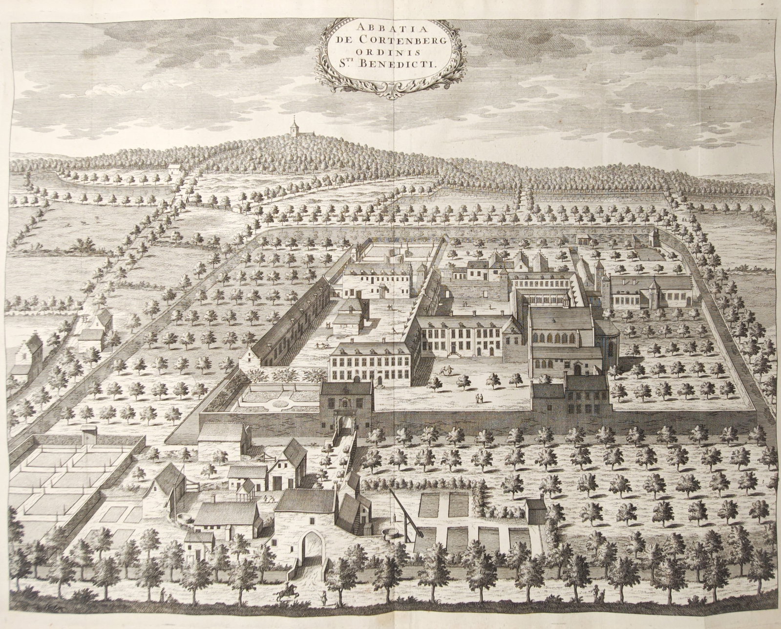 Antonius Sanderus – Bird's-Eye View of Kortenberg Abbey – Engraving (17th–18th Century): "Abbey of Cortenberg of the Order of Saint Benedict" presents an expansive bird's-eye topographical view depicting the Benedictine abbey buildings, walled enclosures, extensive orchard groves, formal 