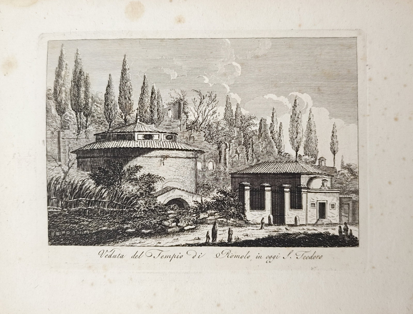 Pietro Parboni – View of the Temple of Romulus Now Saint Theodore – Engraving (19th Century): "View of the Temple of Romulus Now Saint Theodore" presents an architectural view depicting the ancient circular Roman temple converted into a Christian church, framed by tall cypress trees, rustic st