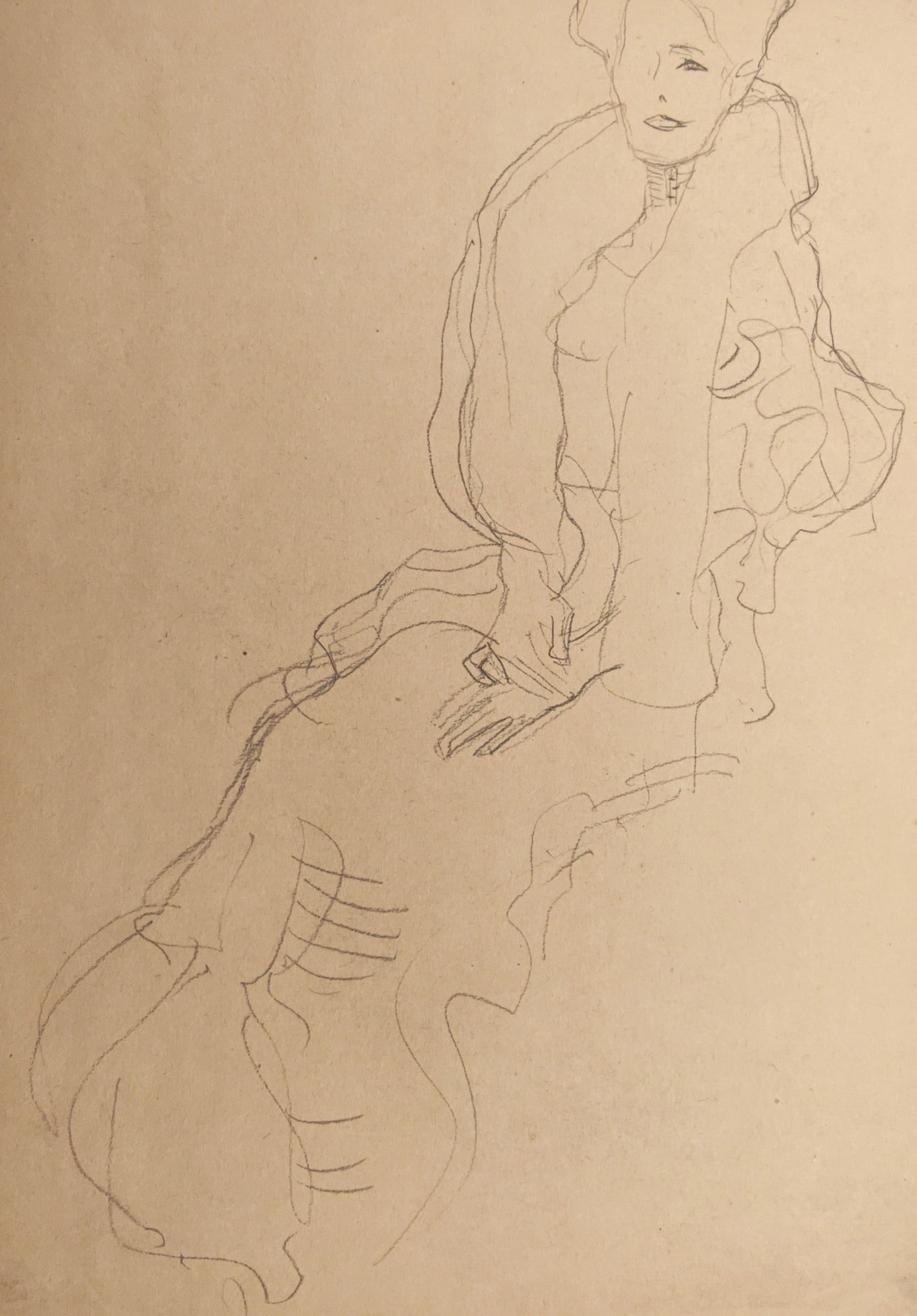 Gustav Klimt,after – Study of a Seated Lady – offset lithograph (20th Century): "Study of a Seated Lady" presents an elegant figural study depicting a seated woman rendered in fluid linear contours with voluminous dress detailing and an upright poise. This twentieth-century offse