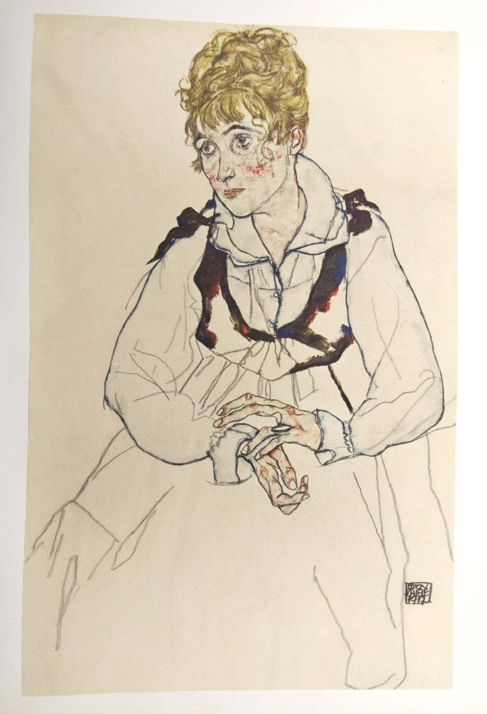 Egon Schiele, after – Portrait of a Seated Woman with Hands Clasped – Offset lithograph: "Portrait of a Seated Woman with Hands Clasped" presents an expressive modernist portrait depicting a seated woman with curly blonde hair, an intense gaze, and delicately clasped hands rendered in sha