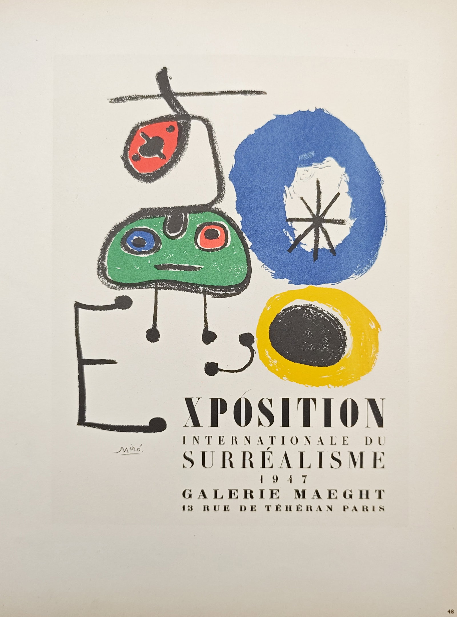 Joan Miró,after – Poster for the International Surrealist Exhibition – Offset lithograph (20th: "International Surrealist Exhibition" presents a vibrant biomorphic abstract composition depicting playful anthropomorphic creatures accompanied by bold primary color discs and fluid calligraphic line